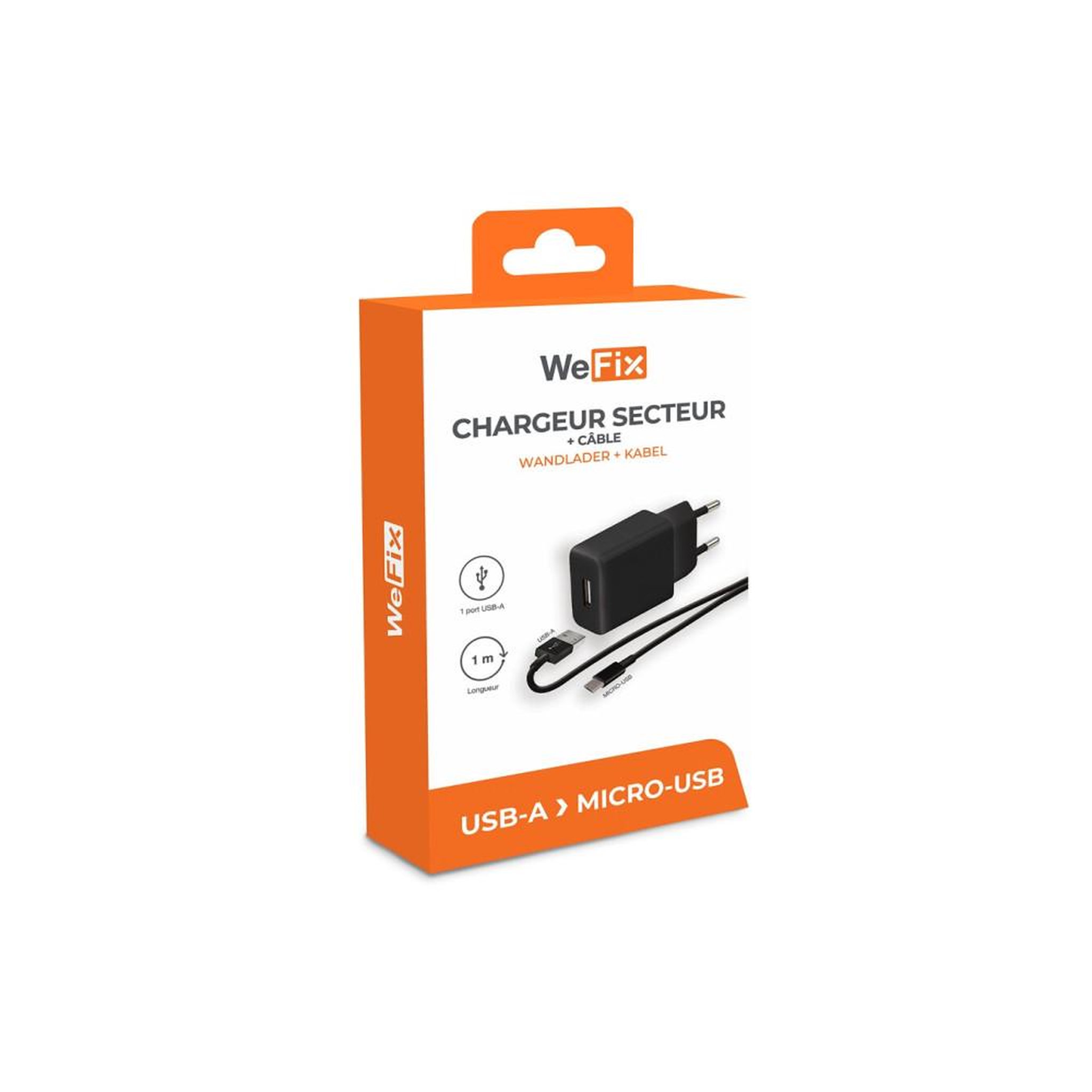 Voir la diapositive 2 : Chargeur mural téléphone kit USB-A vers Micro-USB 2.0 1 m noir avec prise EU