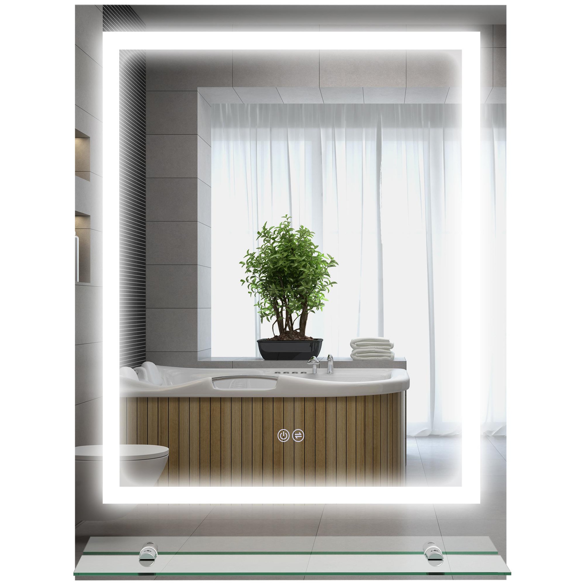KLEANKIN Miroir lumineux led 43w antibué réglable interrupteur tactile étagère intégrée 60l x 14p x 80h cm