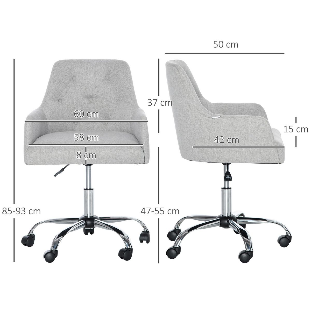 VINSETTO Chaise de bureau design Chesterfield capitonné hauteur réglable pivotant 360° piètement chromé tissu gris