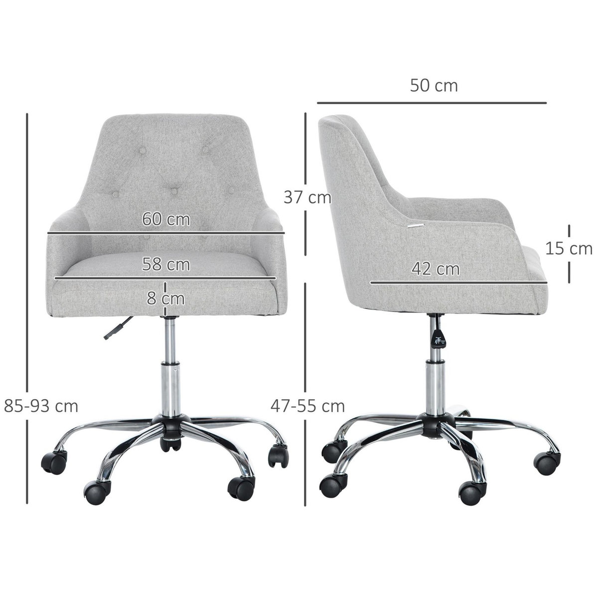 VINSETTO Chaise de bureau design Chesterfield capitonné hauteur réglable pivotant 360° piètement chromé tissu gris