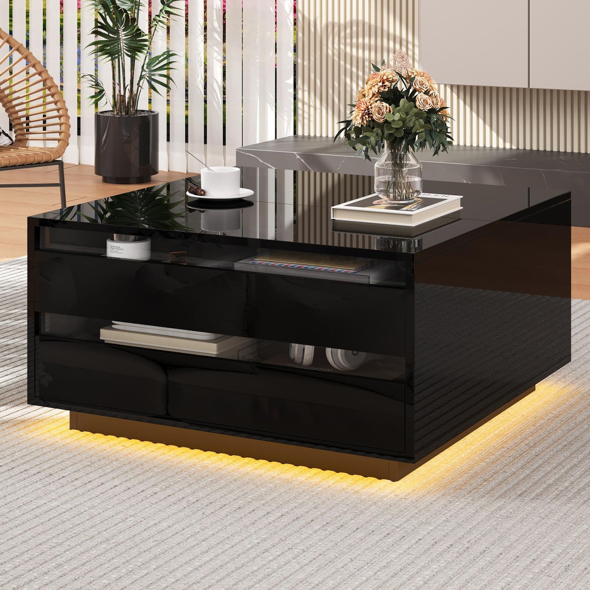 MERAX Table basse relevable carrée noir - 70x70 cm led panneau de particules
