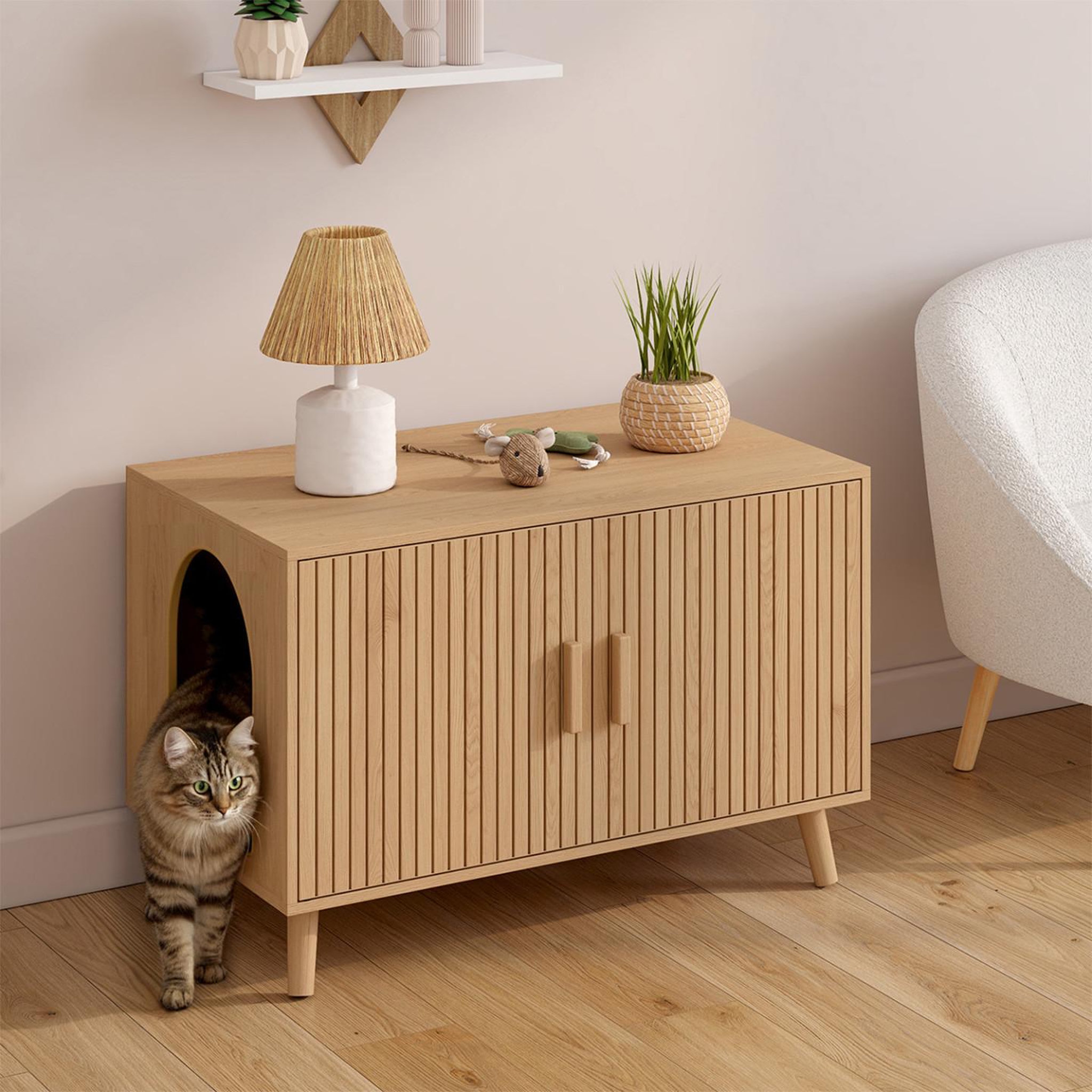 Voir la diapositive 2 : ID MARKET Maison de toilette chat cache-litière juliette avec doubles portes lattes tasseau bois coloris chêne