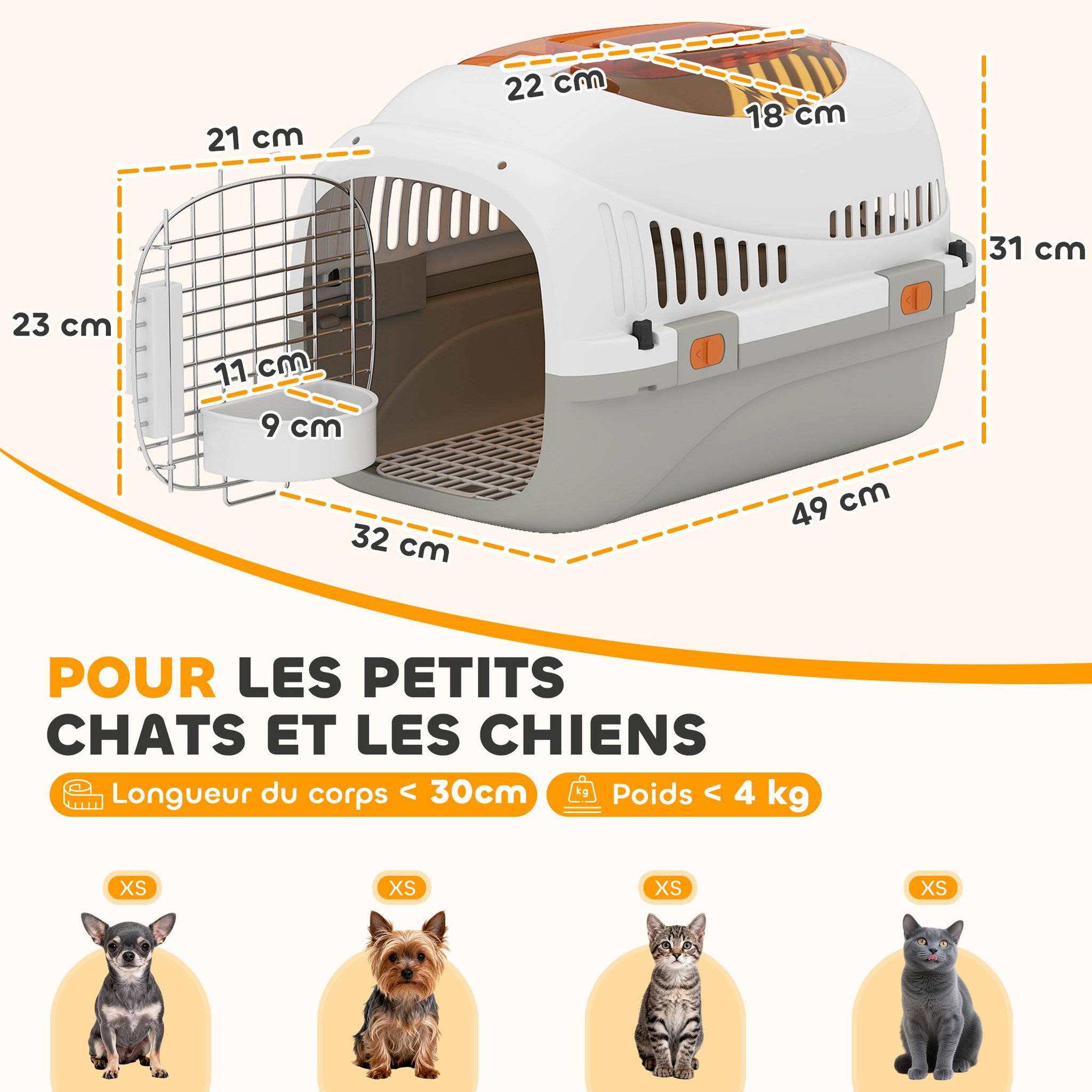 Voir la diapositive 3 : PAWHUT Caisse de transport chat et chien max. 4kg porte acier gamelle intégrée