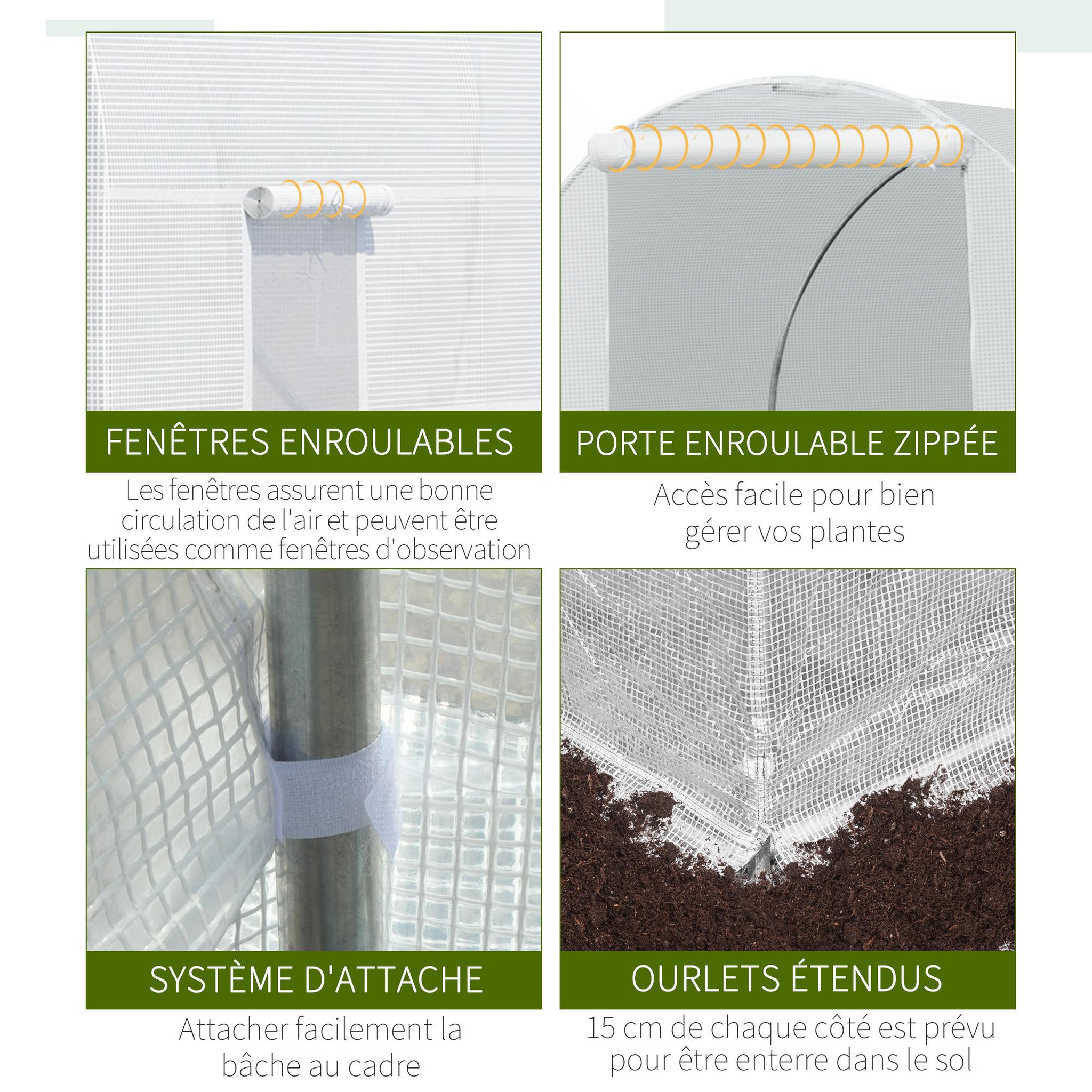 Voir la diapositive 5 : OUTSUNNY Serre de jardin tunnel surface sol 9 m² 4,5L x 2l x 2H m châssis tubulaire renforcé 18 mm 6 fenêtres blanc