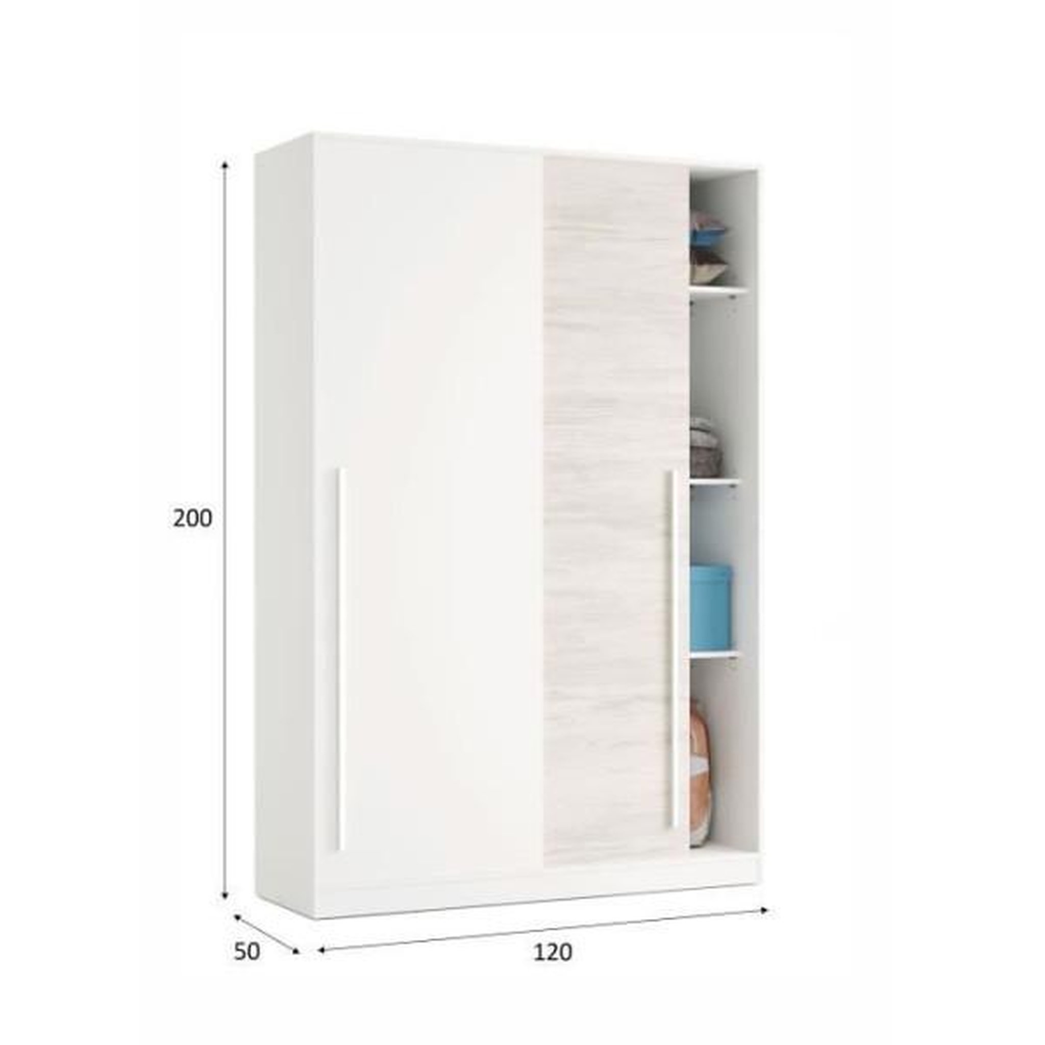 Voir la diapositive 5 : MARKET24 Armoire TOP - Décor blanc artik et chene nodi - 2 Portes coulissantes - L200 x H121 x P50 cm