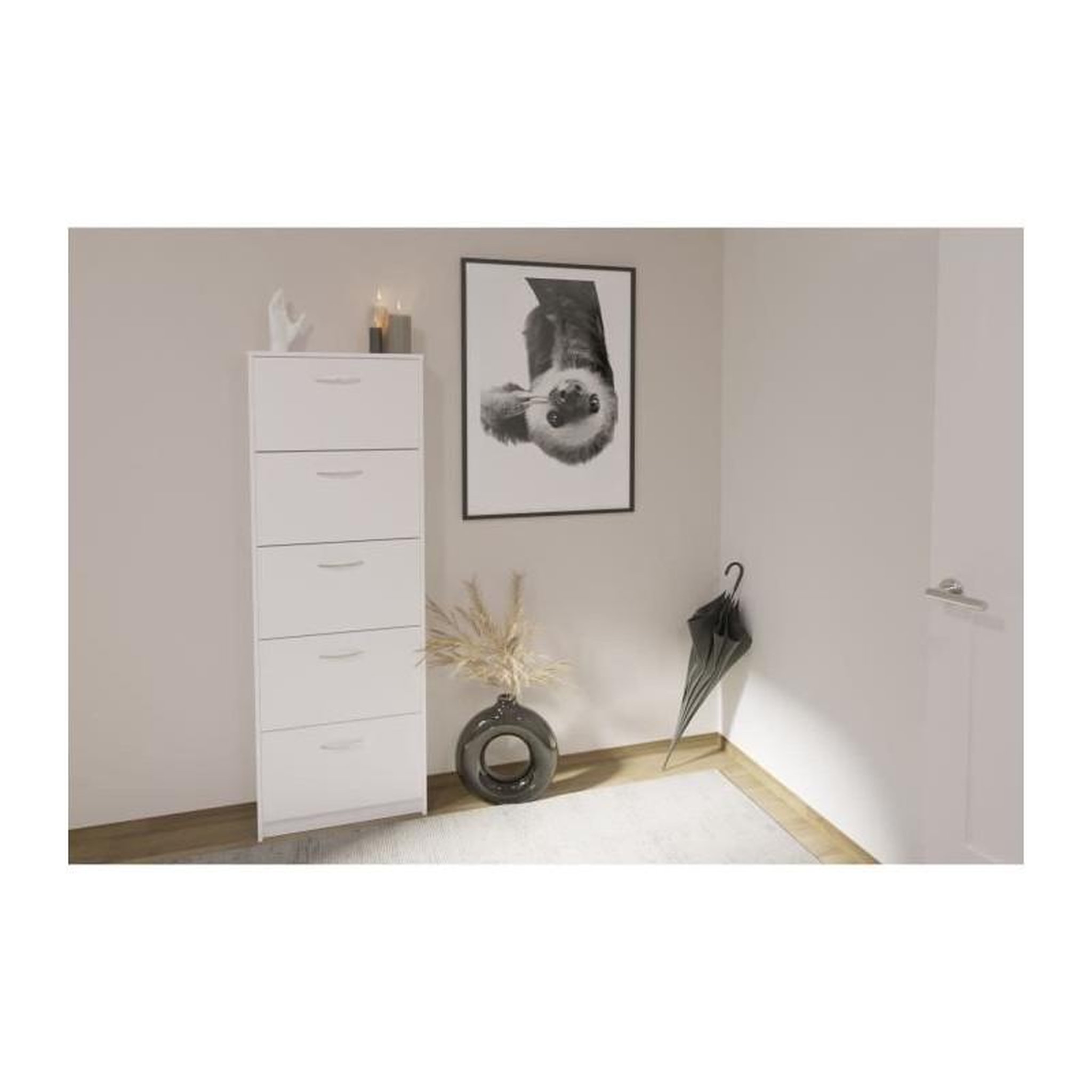 Voir la diapositive 2 : FMD Meuble a chaussures - Décor blanc - 5 Abattants - 10 paires - L58,5 x H168,5 x P17 cm - Fabriqué en Allemagne