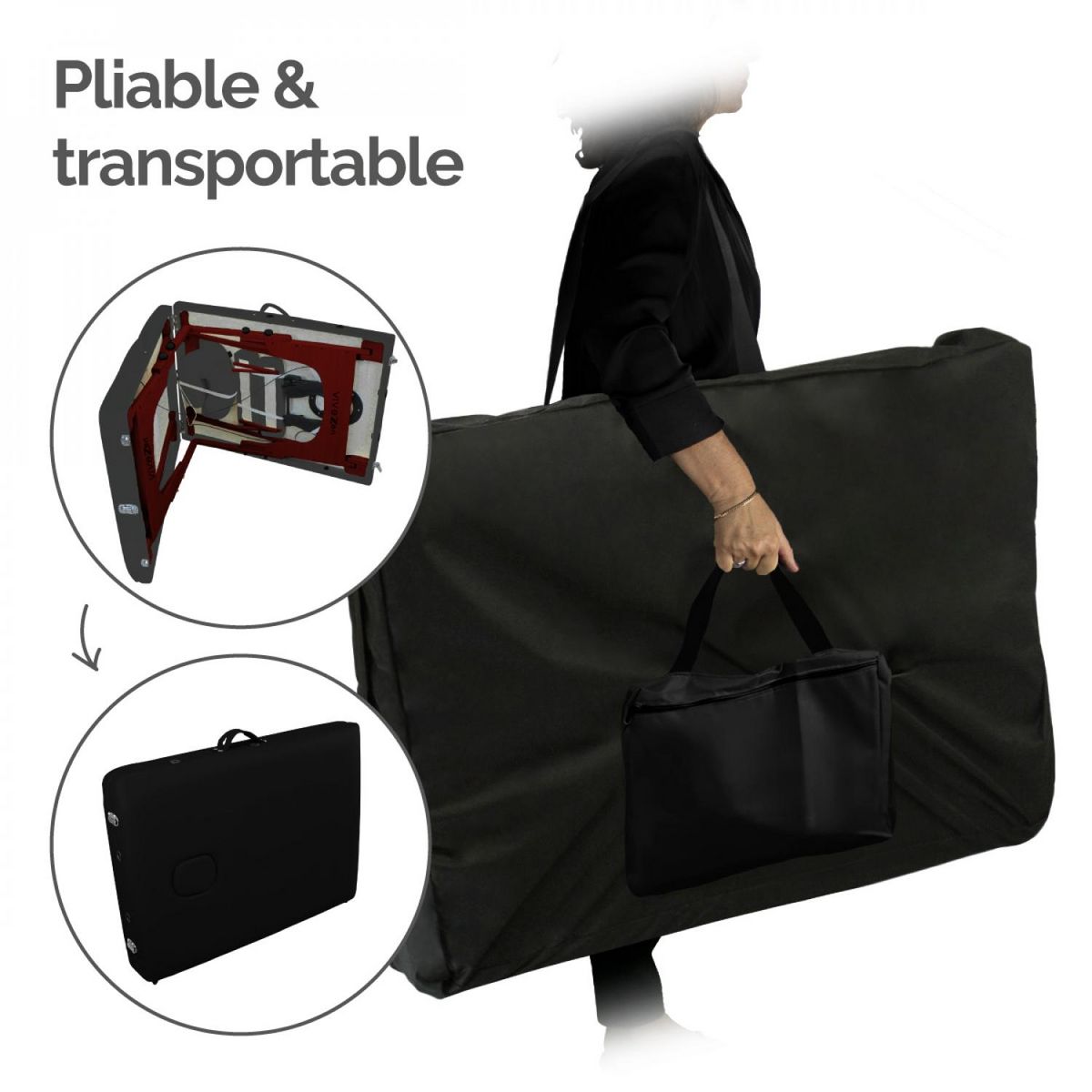 VIVEZEN Table de massage pliante 2 zones en bois foncé avec panneau Reiki + Accessoires et housse de transport - Noir