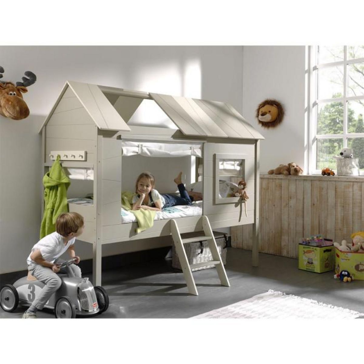 Paris Prix Pack - Lit Cabane Enfant, Sommier & 4 Rideaux  Charlotte  90x200cm Beige