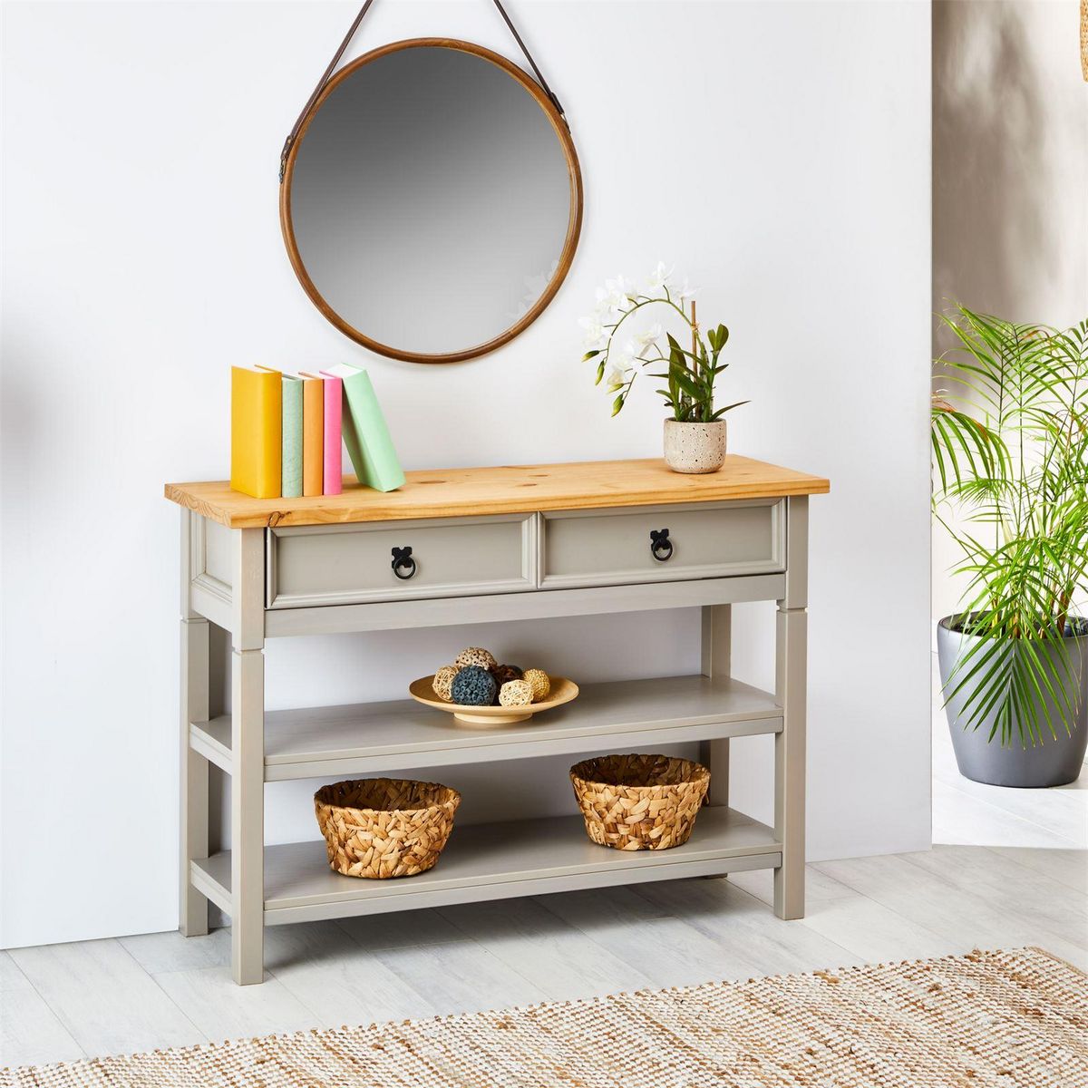 IDIMEX Table console en pin TEQUILA style mexicain, 1 tiroir et 2 étagères