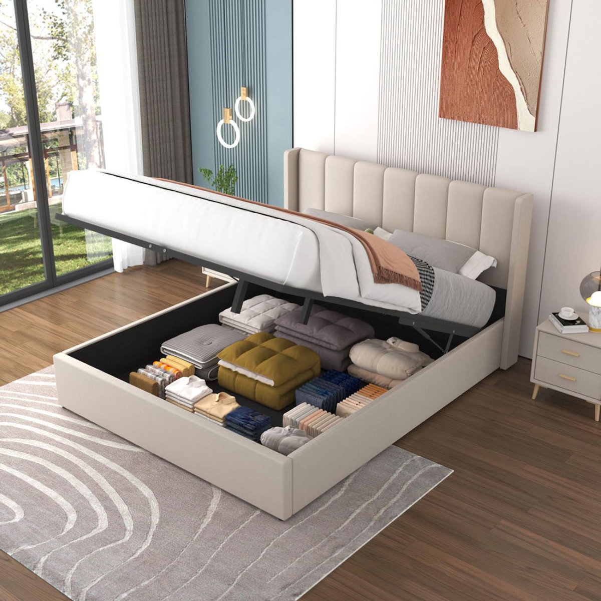 CONCEPT USINE Lit design avec coffre de rangement 160x200cm en velours beige ARLINGTON