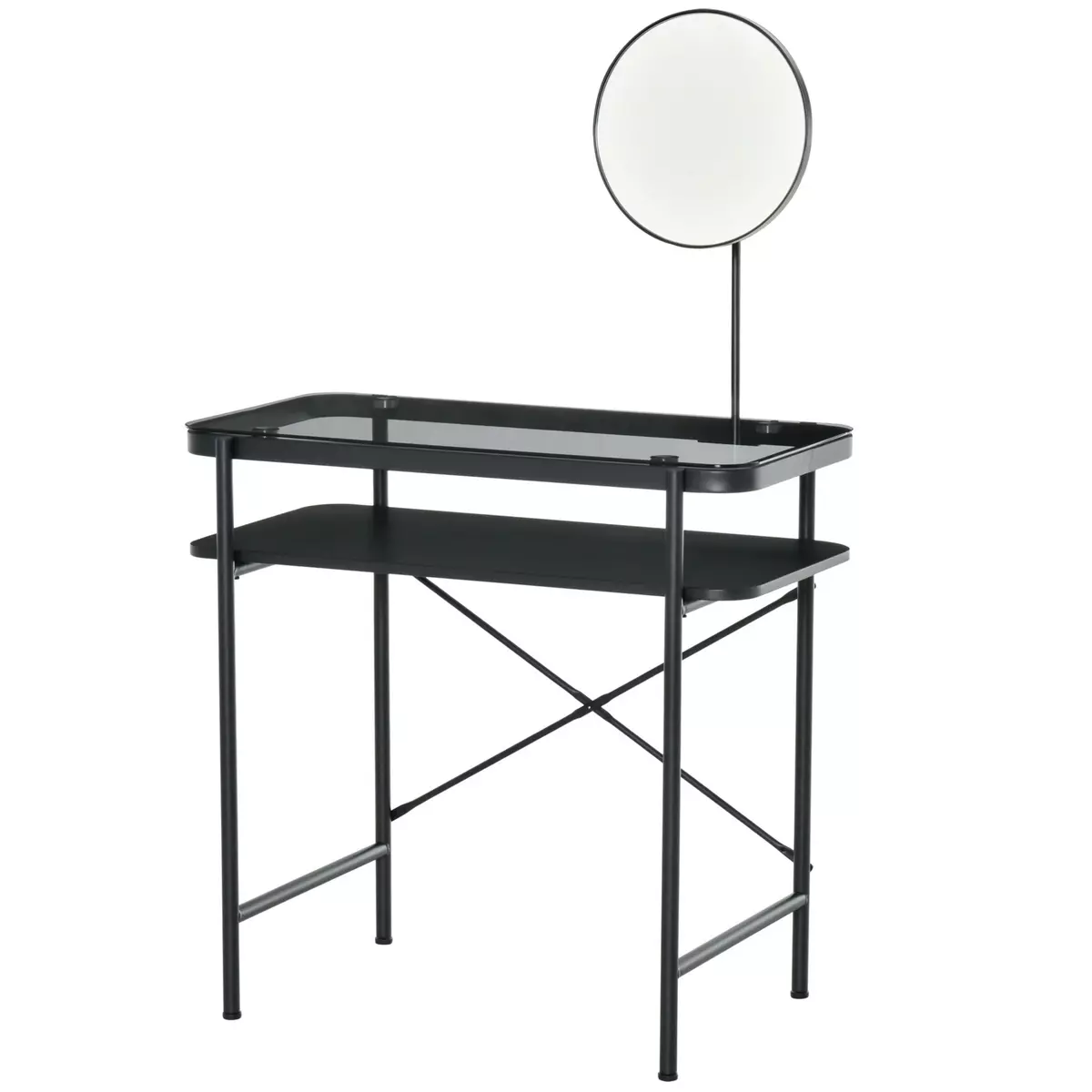 HOMCOM Coiffeuse design contemporain table de maquillage plateau verre trempé étagère miroir pivotant métal noir