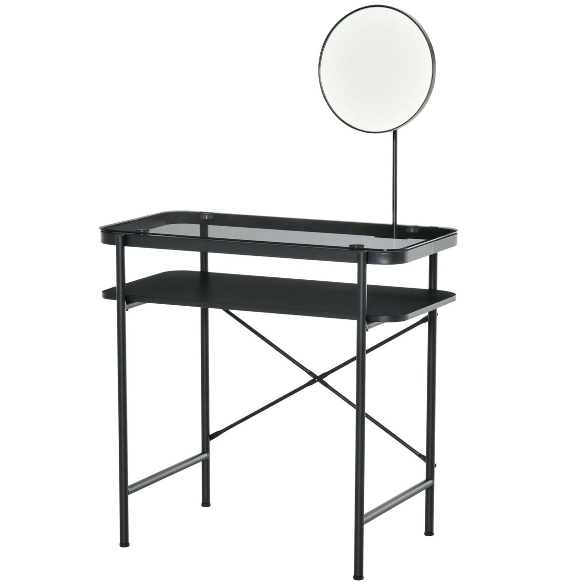 HOMCOM Coiffeuse design contemporain table de maquillage plateau verre  trempé étagère miroir pivotant métal noir pas cher 