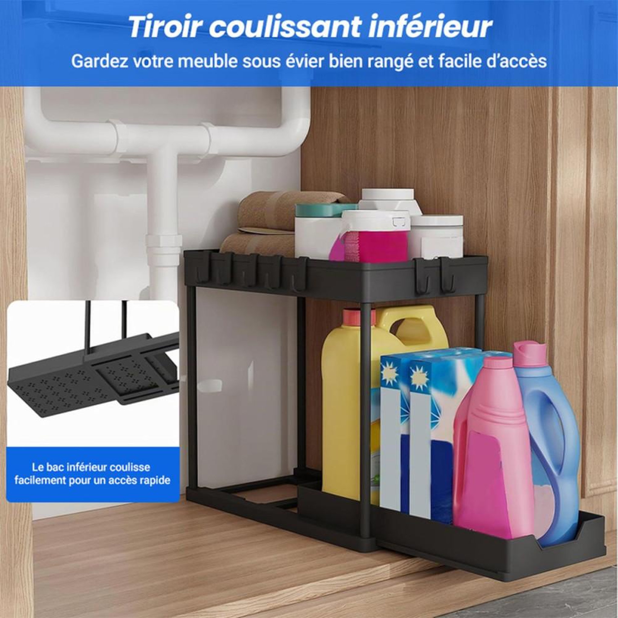 Voir la diapositive 4 : Organisateur sous évier à 2 niveaux avec panier coulissant et 8 crochets, rack ABS noir et fer forgé