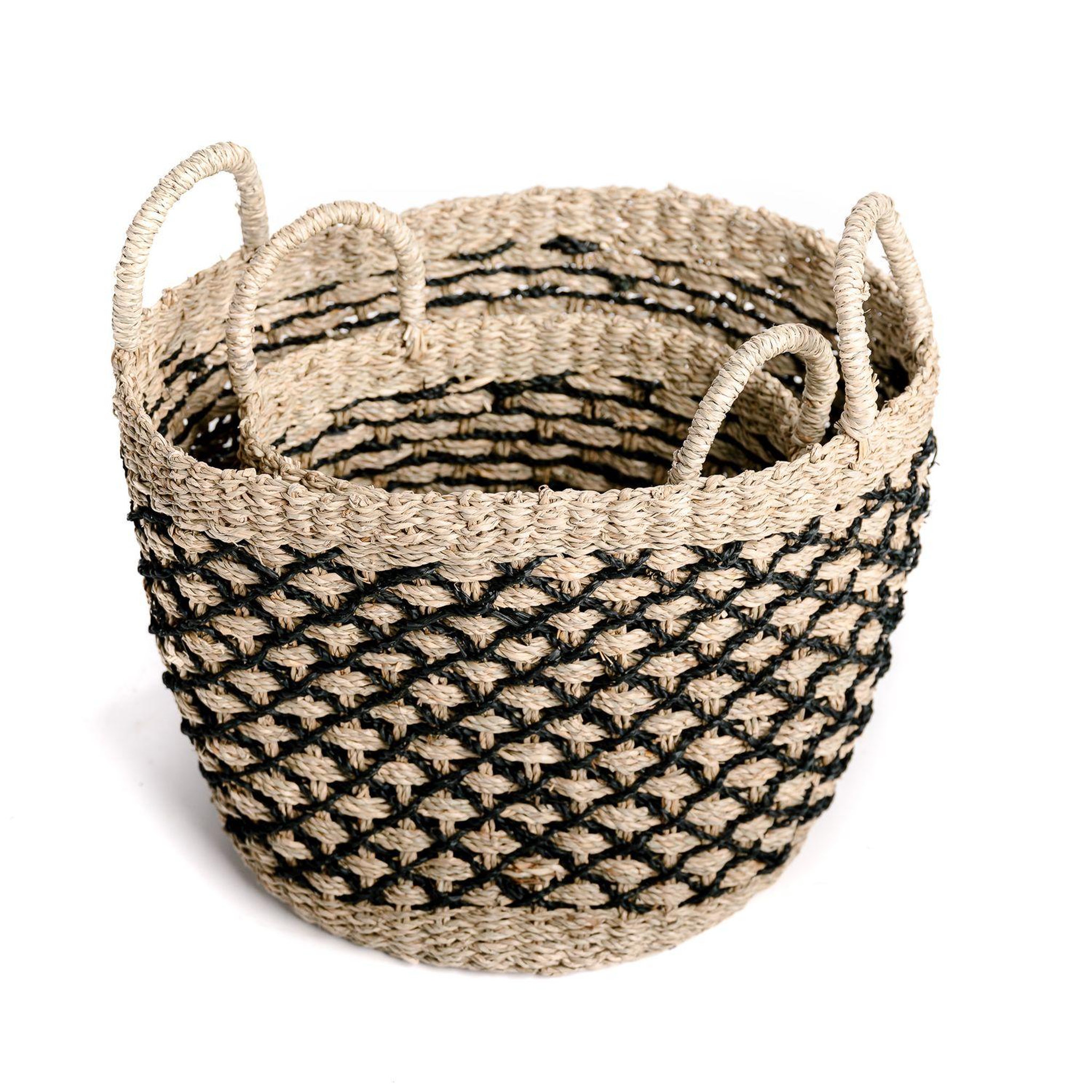 Voir la diapositive 3 : KB8 Set de 2 paniers tressé en jonc de mer - Noir et Beige