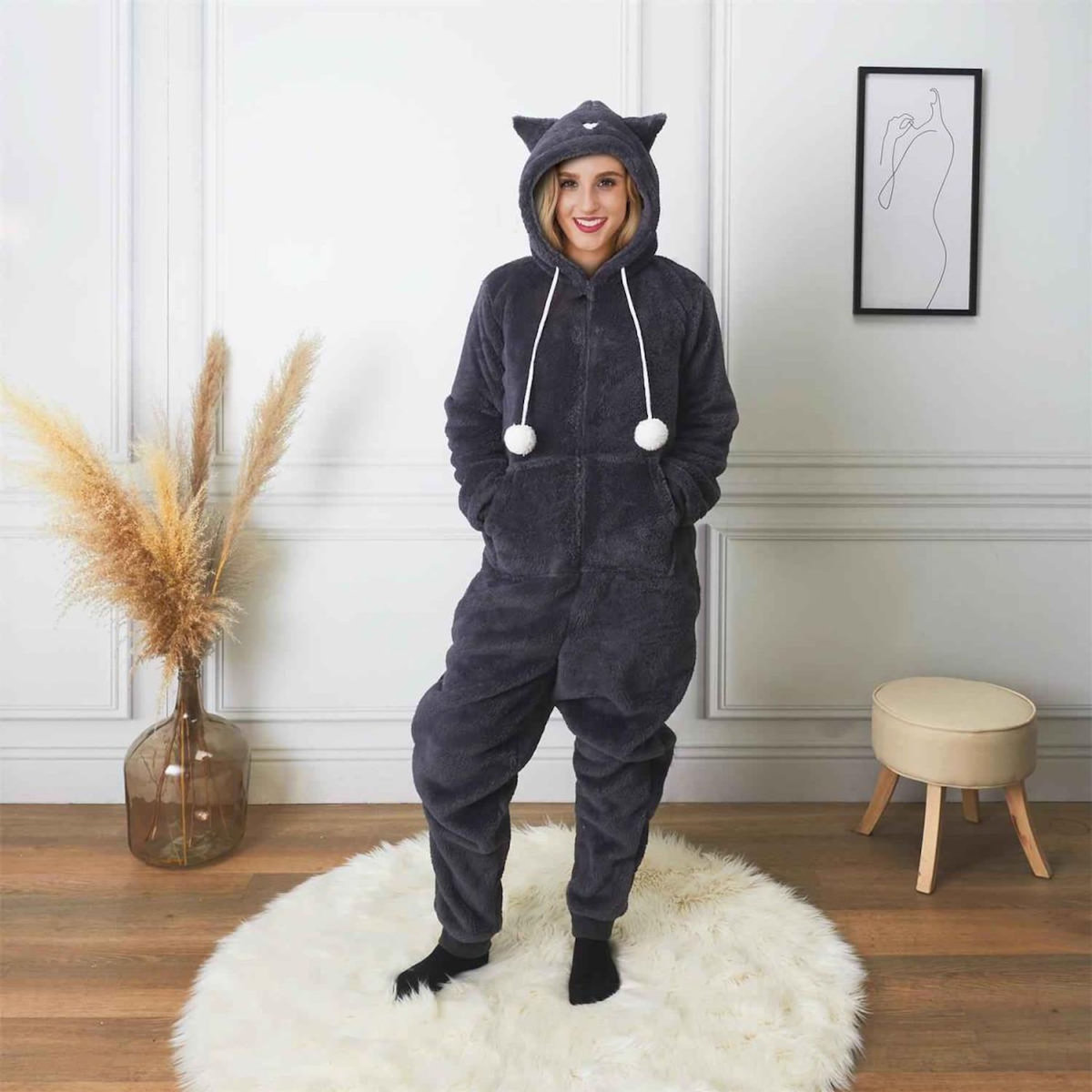 Paris Prix Combinaison Pyjama Adulte  Chat  Noir