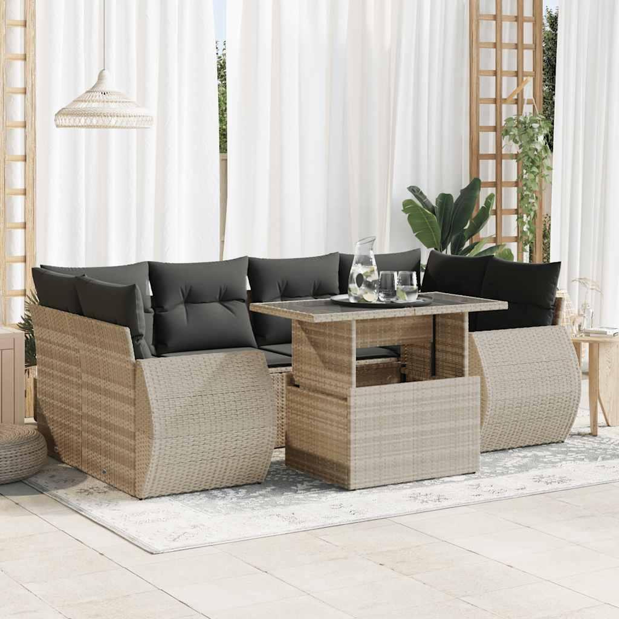 VIDAXL Salon de jardin avec coussins 7 pcs gris clair resine tressee