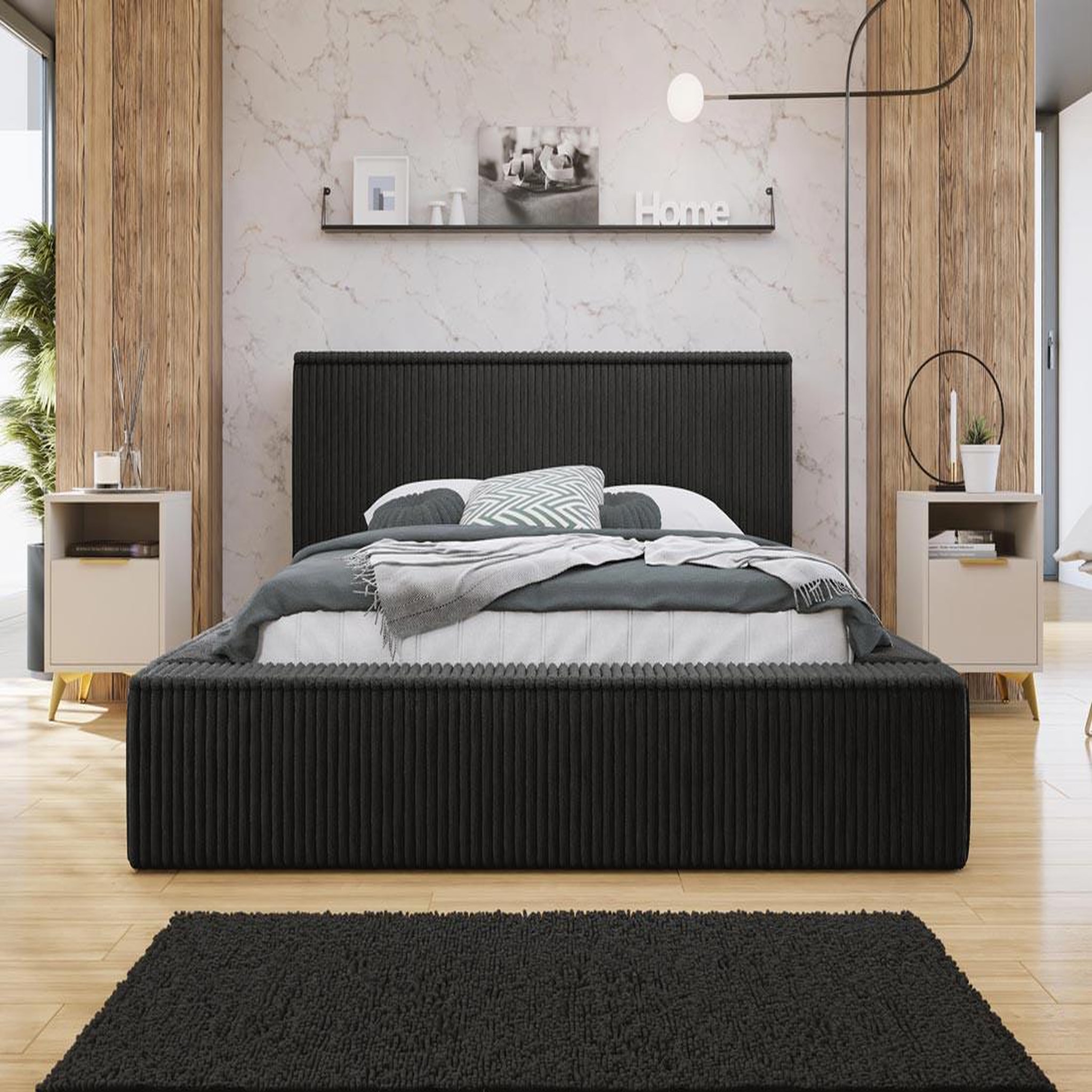Voir la diapositive 1 : BEST MOBILIER Swan - lit coffre - 180x200 cm - sommier inclus - en velours côtelé grosses côtes