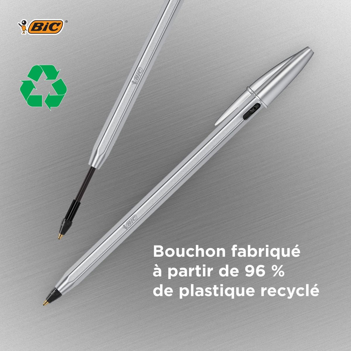 BIC Lot de 1 stylo bille métal rechargeable pointe moyenne 1.0mm + 2 recharges CRISTAL RE NEW bleu