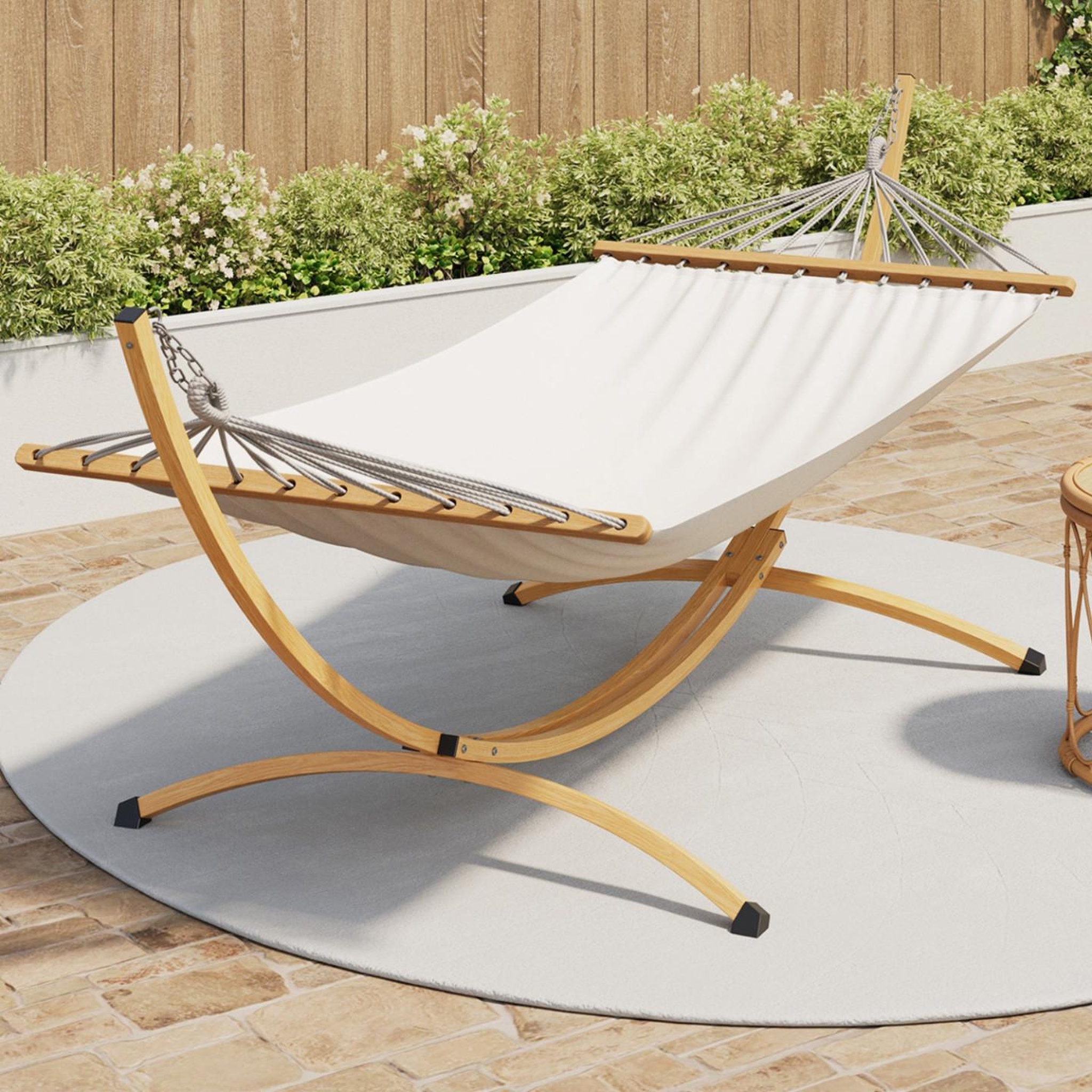Voir la diapositive 2 : ID MARKET Hamac xl avec support métal effet bois et toile écrue