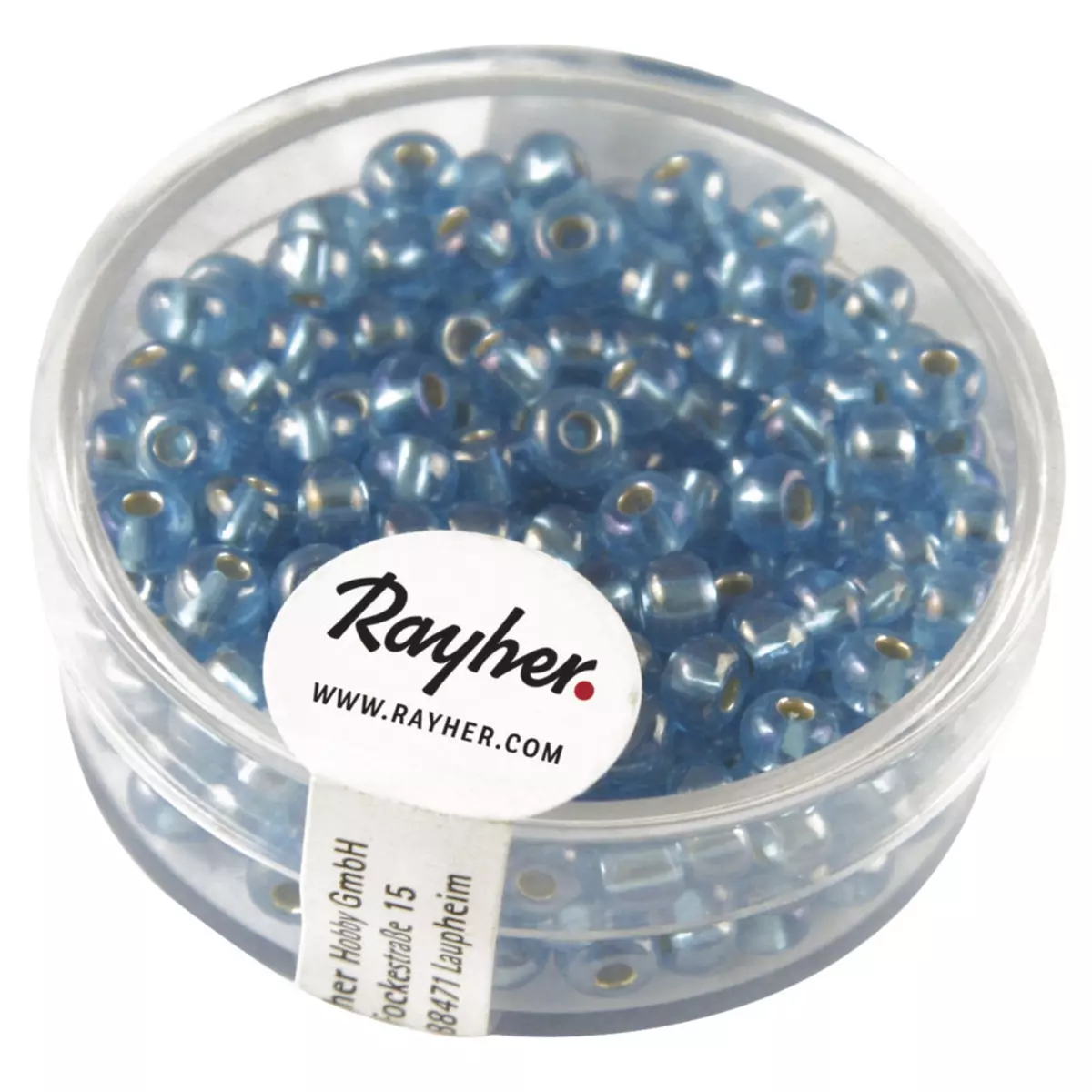 Rayher Rocailles a.garnit.argent+Rainbow, ø 4mm, bleu azur, boîte 17 g