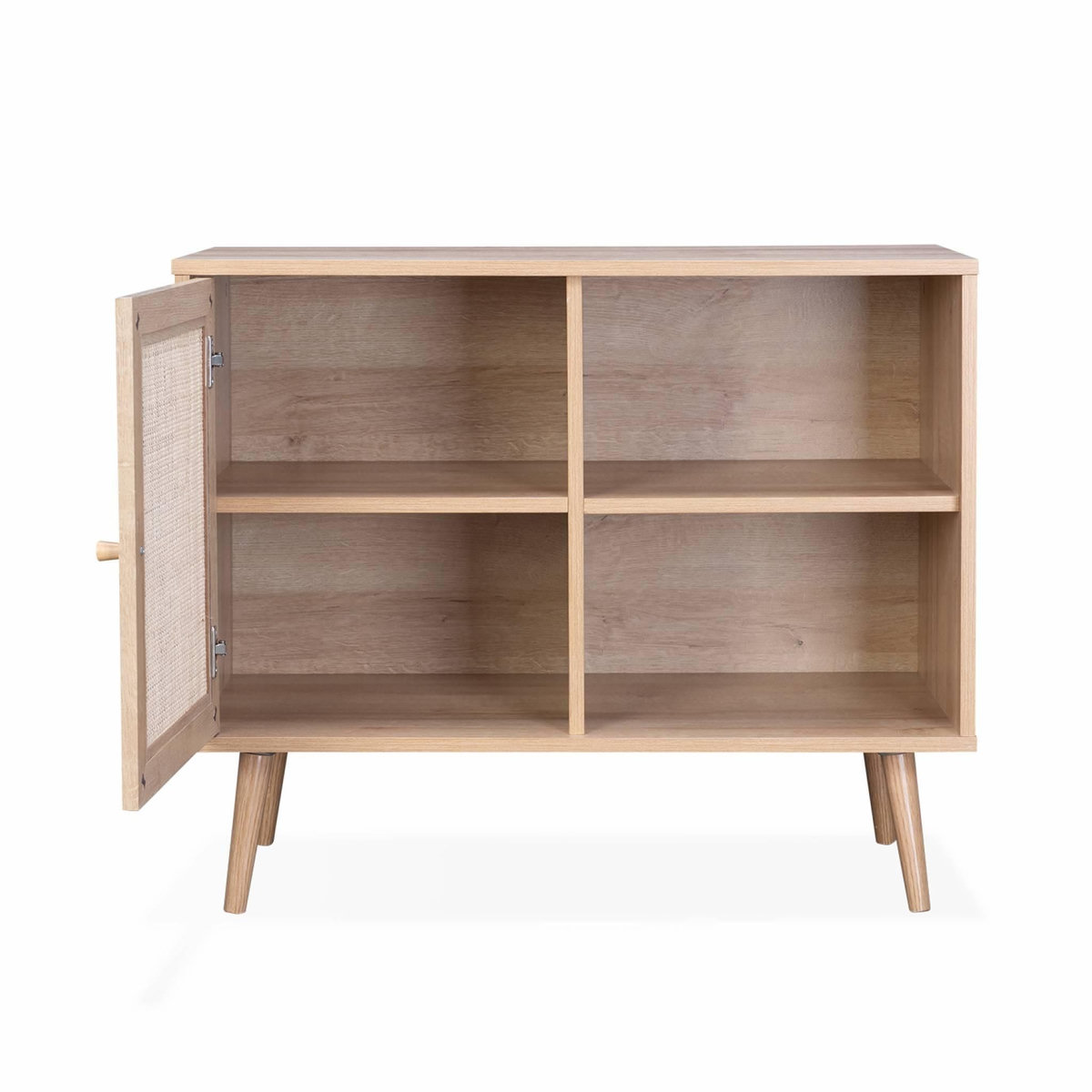 SWEEEK Meuble de rangement en cannage 80x39x65.8cm  Bohème - Naturel -  2 niveaux - 1 porte -  pieds scandinaves. buffet bas
