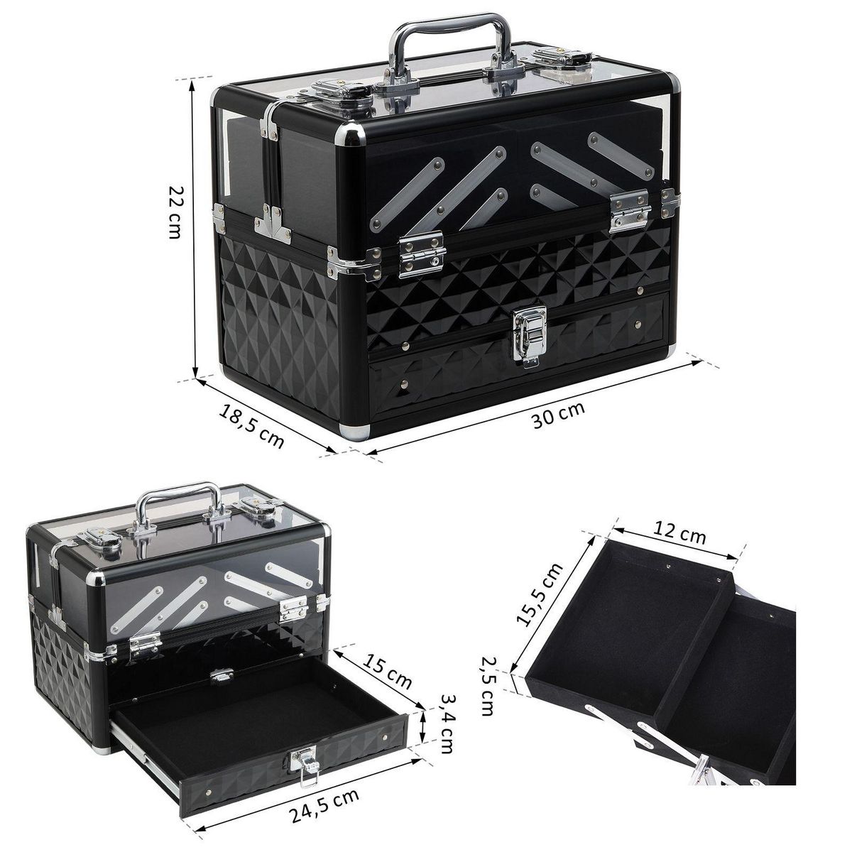 HOMCOM Mallette à maquillage - coffre à cosmétiques - rangement produits de beauté - dim. 30L x 18l x 22H cm - poignée serrure alu. acrylique