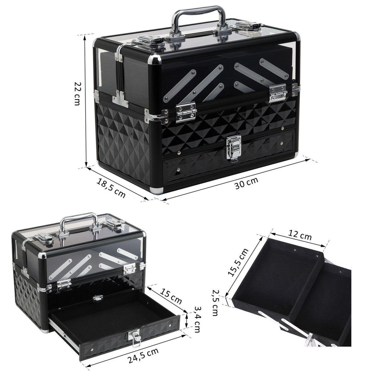 HOMCOM Mallette à maquillage - coffre à cosmétiques - rangement produits de beauté - dim. 30L x 18l x 22H cm - poignée serrure alu. acrylique