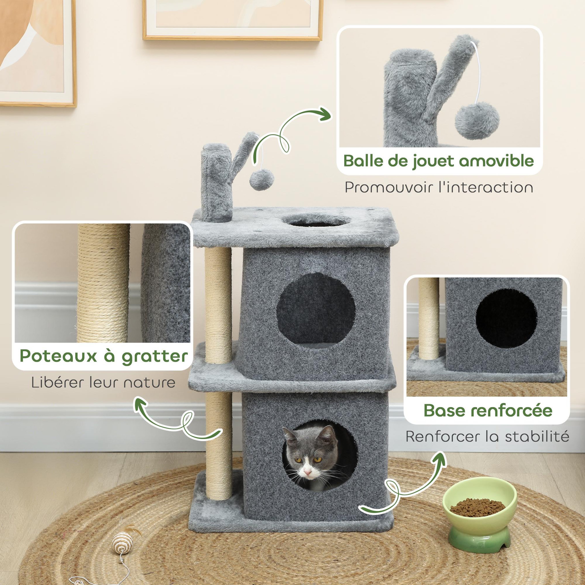 Voir la diapositive 6 : PAWHUT Arbre à chat à 3 niveaux hauteur 80 cm, tour pour chat avec 2 niches et surface de repos confortable, balle amovible, poteau en sisal et peluche douce, pour animal 5 kg, gris foncé