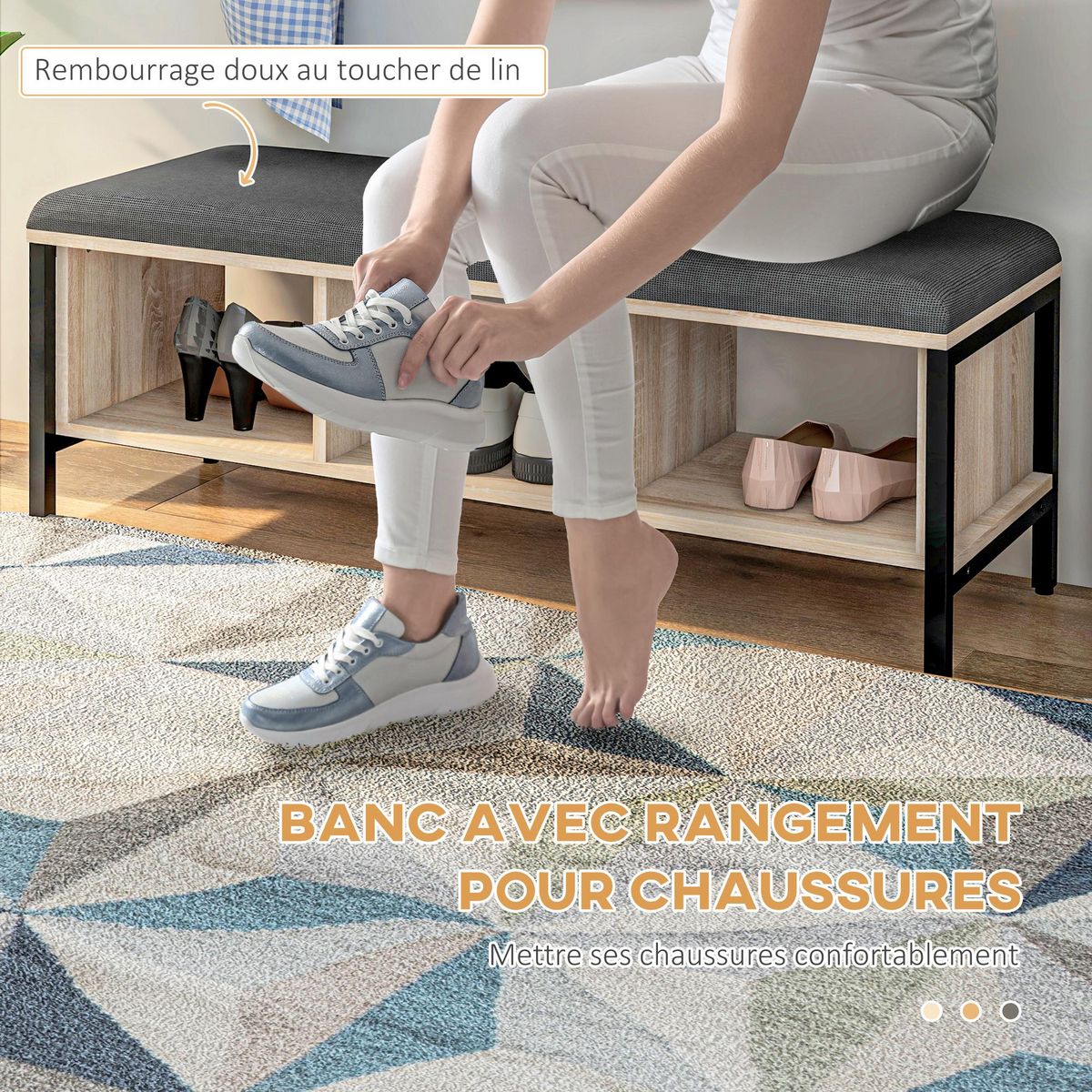 HOMCOM Porte-manteau mural vestiaire d'entrée banc à chaussures 3 compartiments 3 patères barre penderie acier noir aspect chêne clair