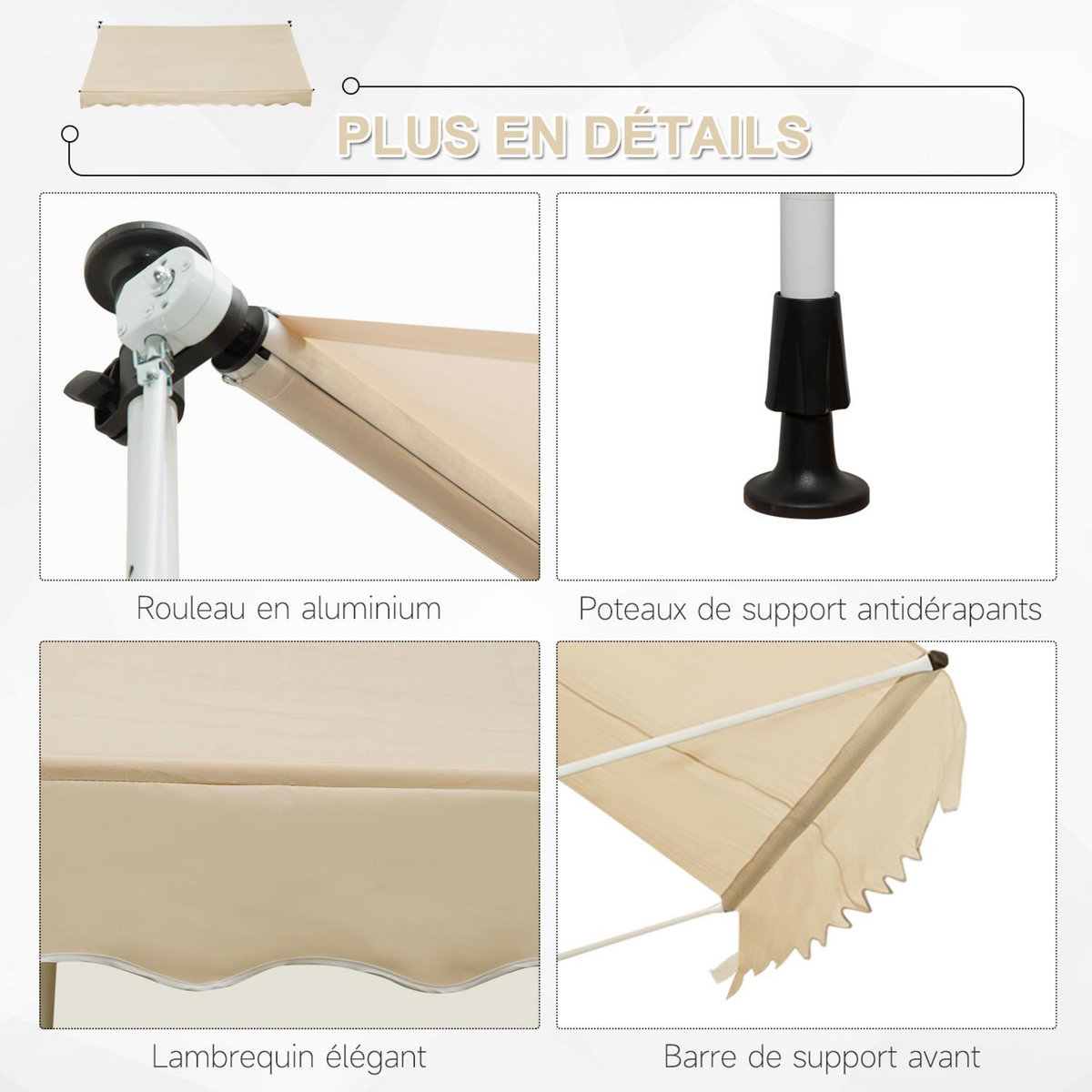 OUTSUNNY Store banne manuel rétractable 3L x 1,5l m inclinaison et hauteur réglable installation rapide métal alu polyester anti-UV beige