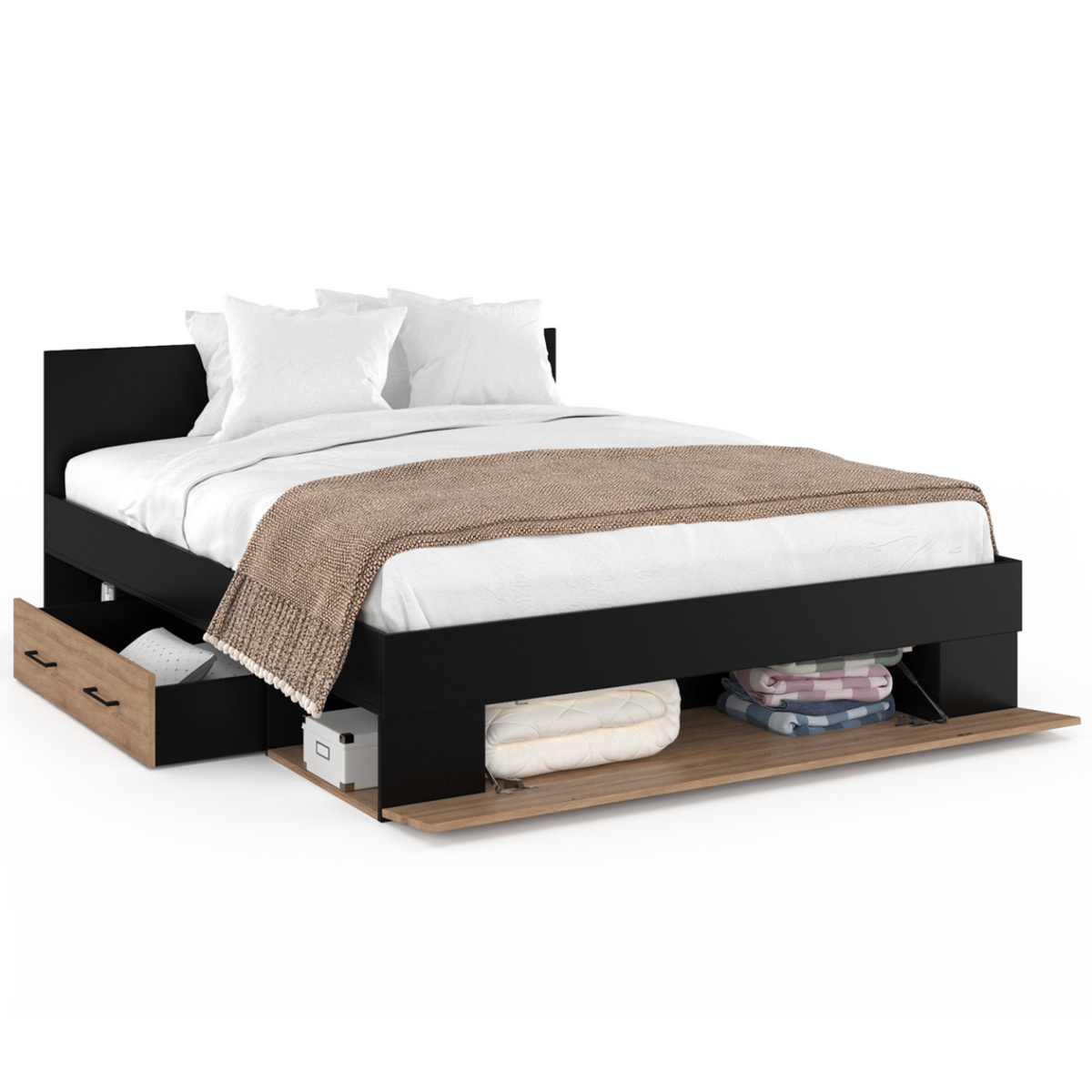 ID MARKET Lit double MINEA avec tiroirs + niches de rangement + tête de lit et sommier 140 x 190 cm façon hêtre et noir