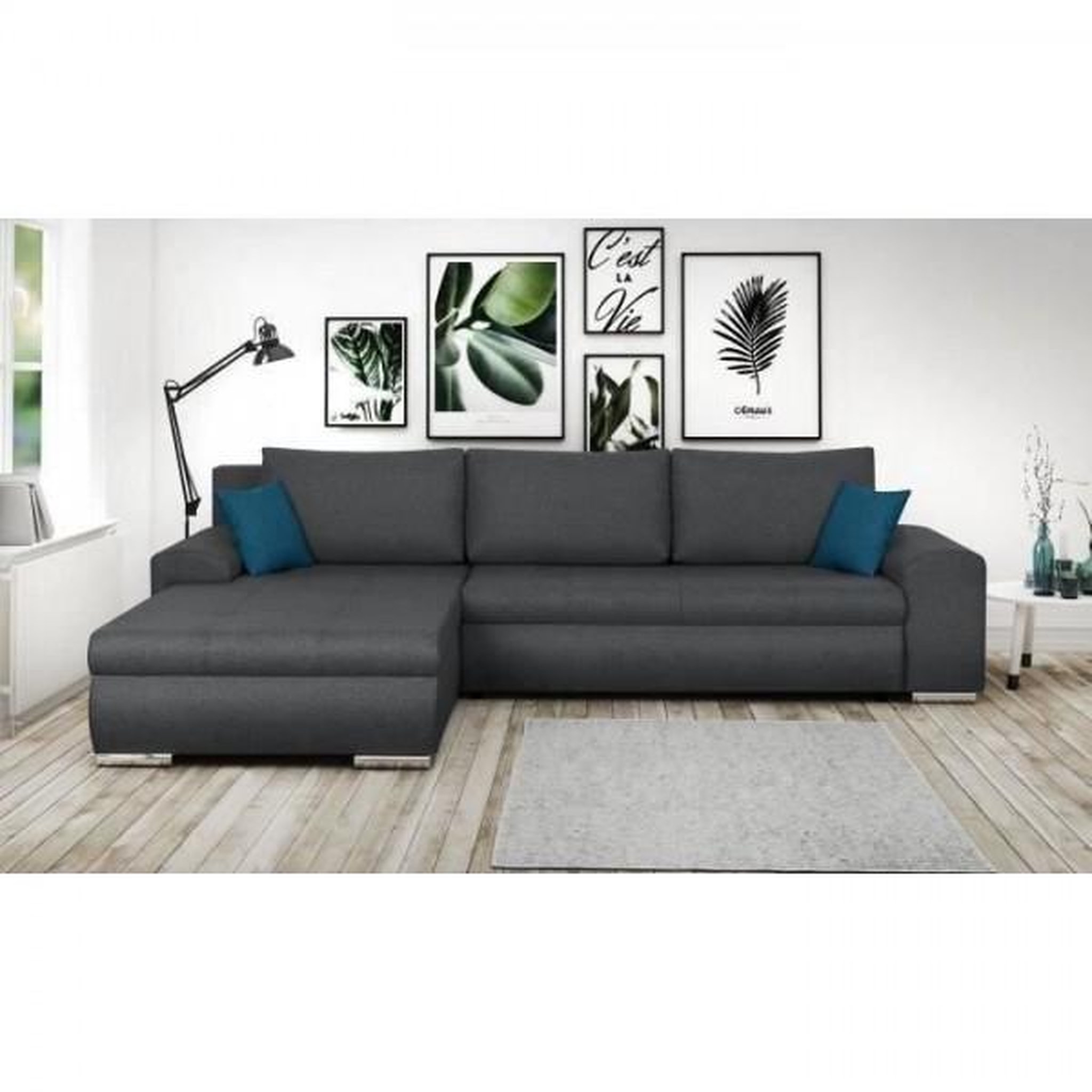 Voir la diapositive 2 : MARKET24 Canapé d'angle convertible réversible 5 places Indian - Tissu gris foncé - L 289 x P 94/188 x H 88 cm