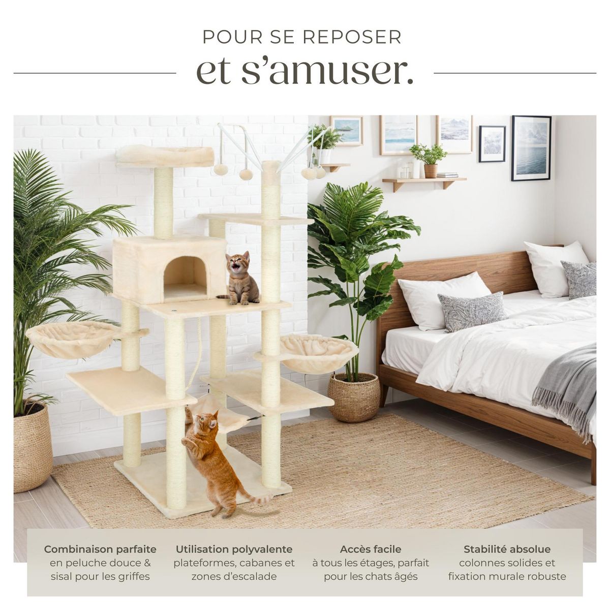 tectake Arbre à chat 165 cm avec griffoir et plateforme d'escalade beige