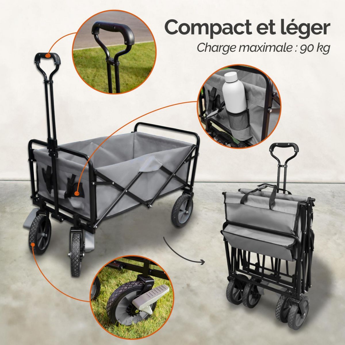 LINXOR Chariot de transport, remorque de jardin pliable à roulettes - 90 Kg