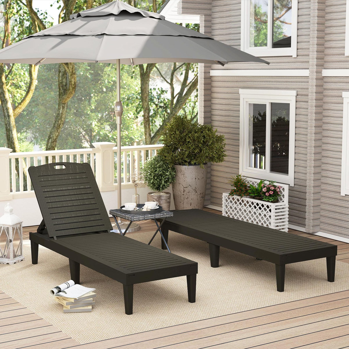 OUTSUNNY Lot de 2 bains de soleil dossier ajustable à 4 positions PP noir