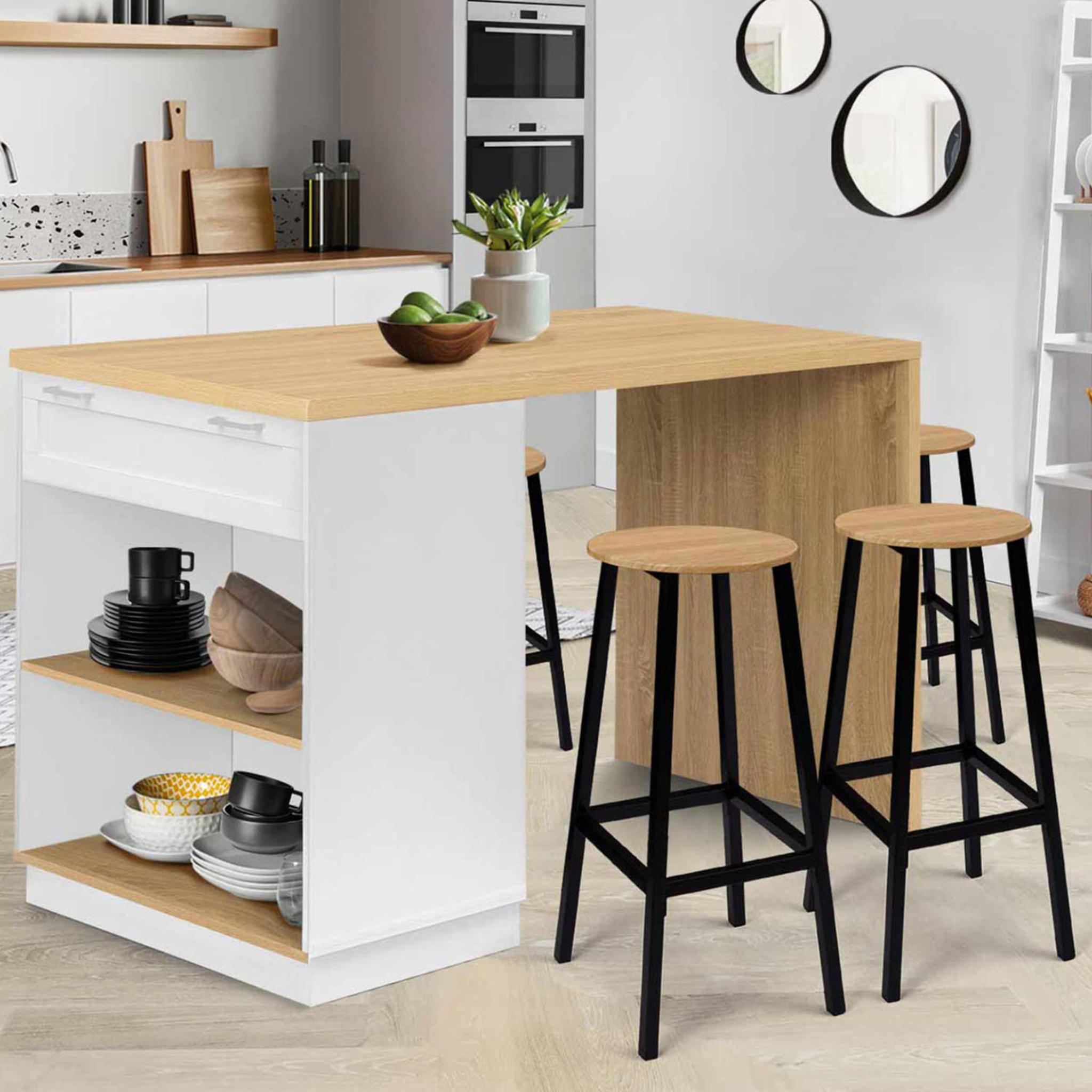 Voir la diapositive 2 : ID MARKET Ilot central mange debout 4 personnes vito 130 cm blanc et plateau bois