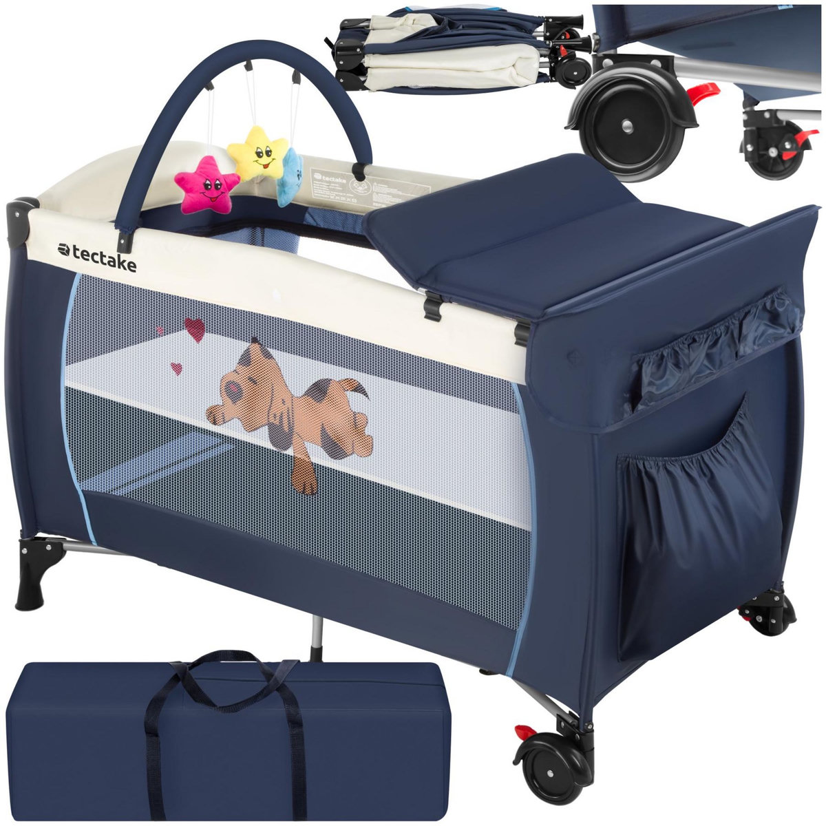 tectake Lit de voyage pour enfants peu encombrant pliable et réglable en hauteur bleu