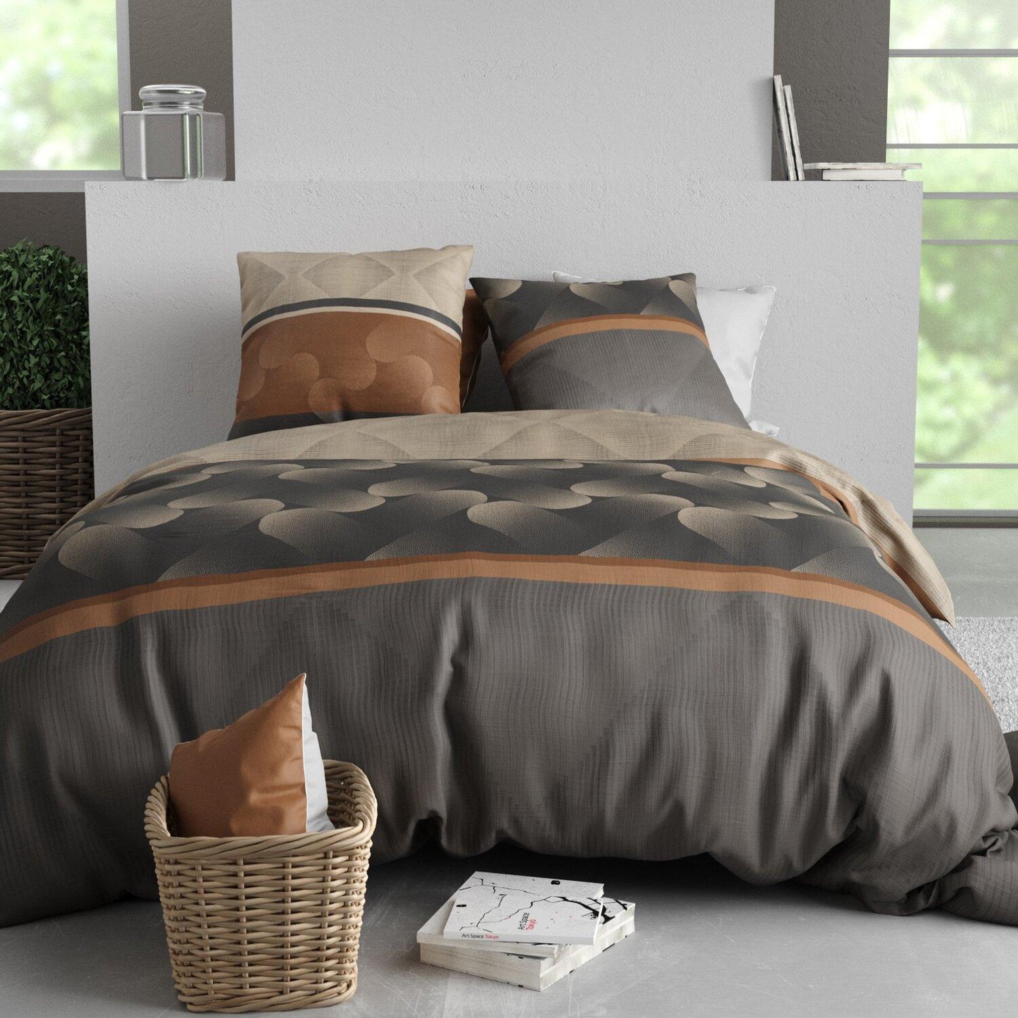 ATELIER DU COTON Parure de couette 100% coton 57fils jaspe. Coloris disponibles : Marron