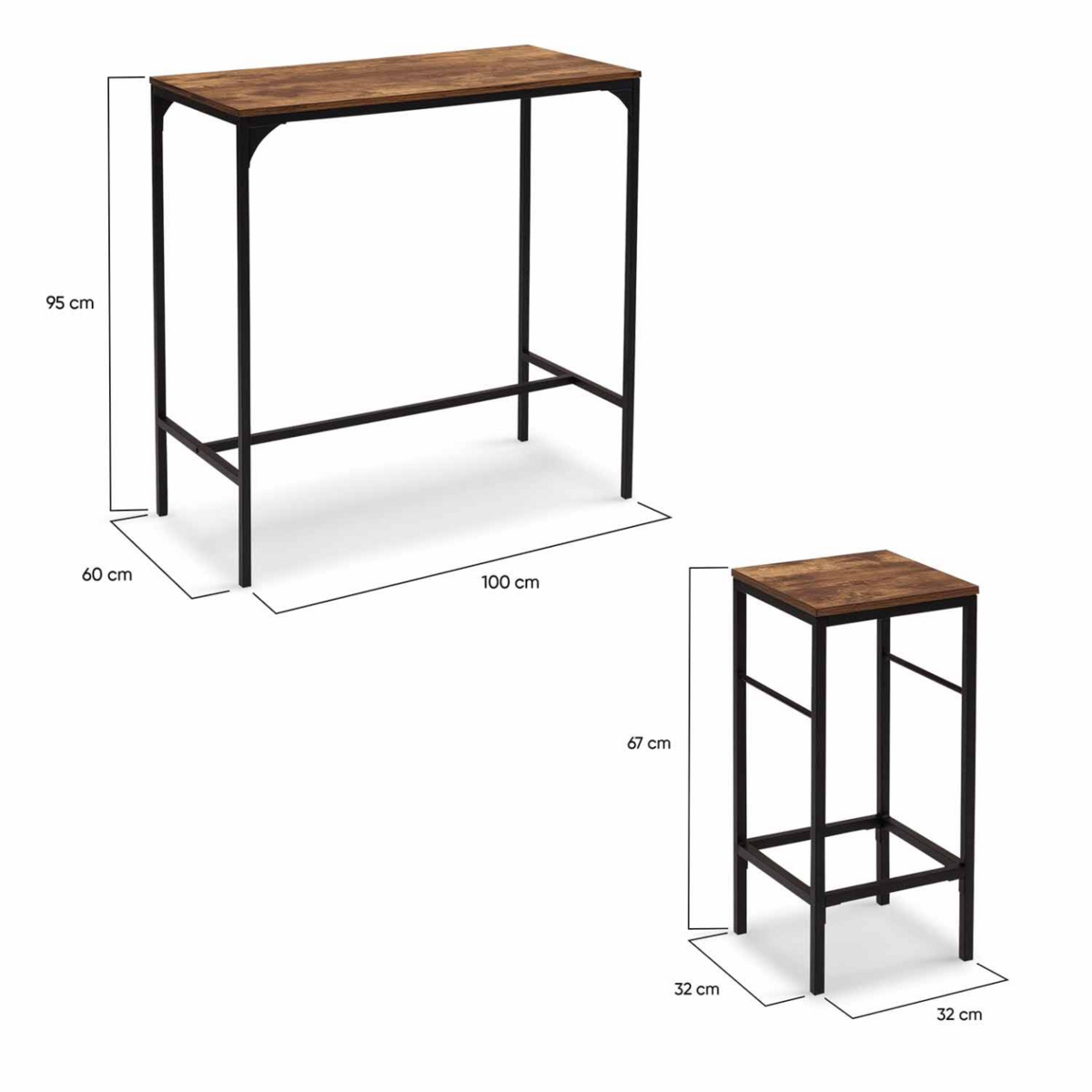 ID MARKET Table haute de bar DAYTON 100 cm et 4 tabourets bois foncé effet vieilli et noir design industriel