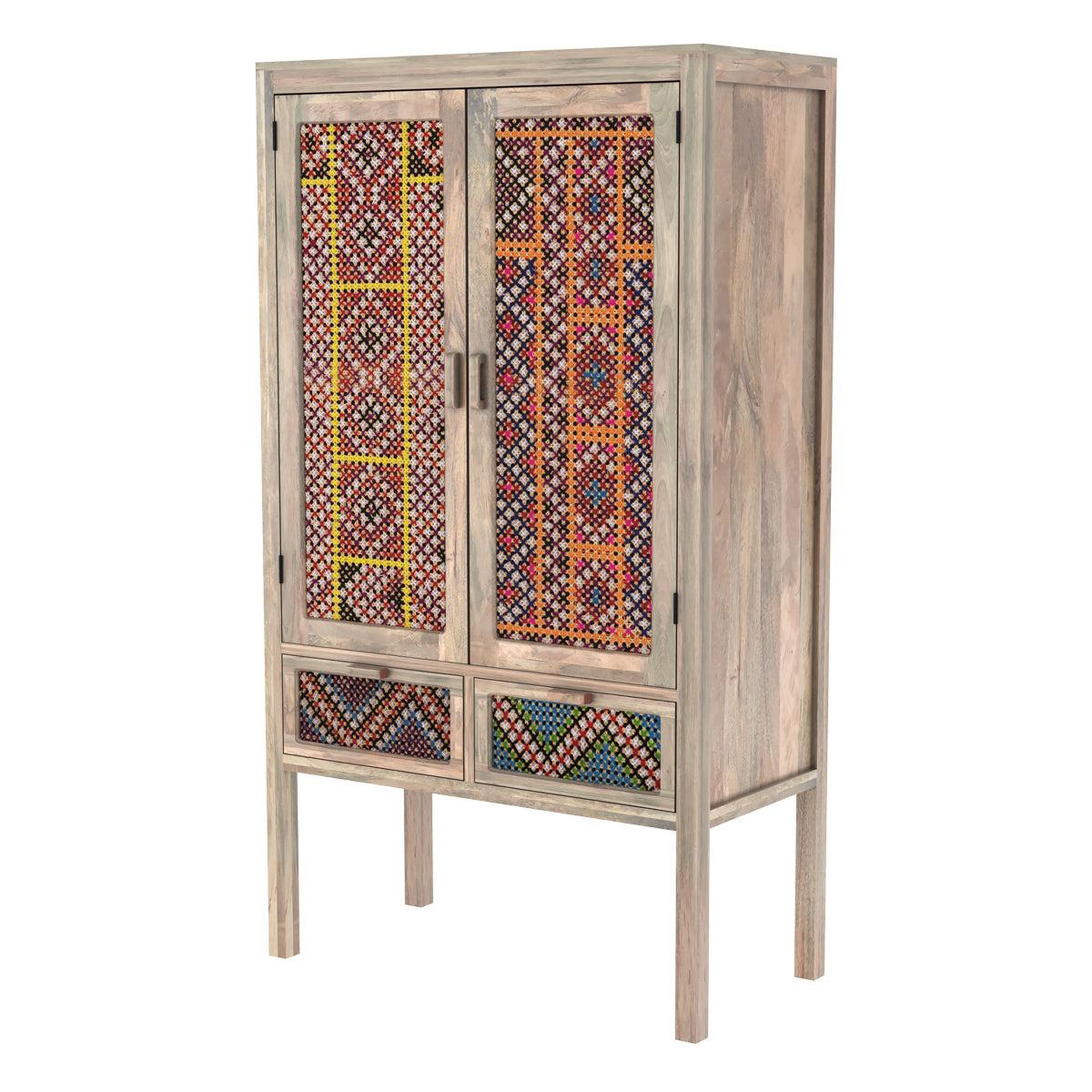Voir la diapositive 3 : MAISON PAVANE Armoire 2 portes 2 tiroirs en manguier et cannage coloré-massaï