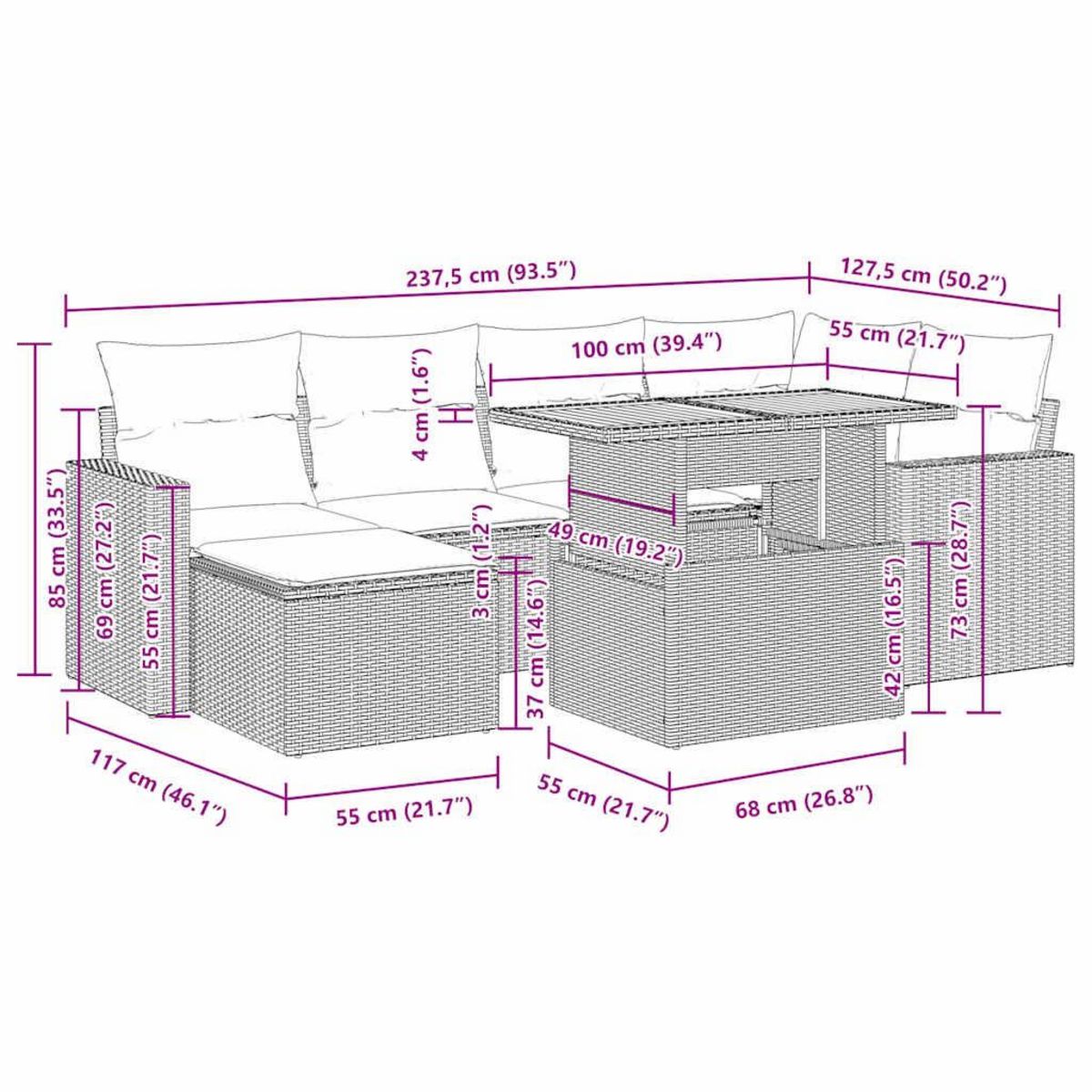 VIDAXL Salon de jardin avec coussins 7 pcs gris resine tressee
