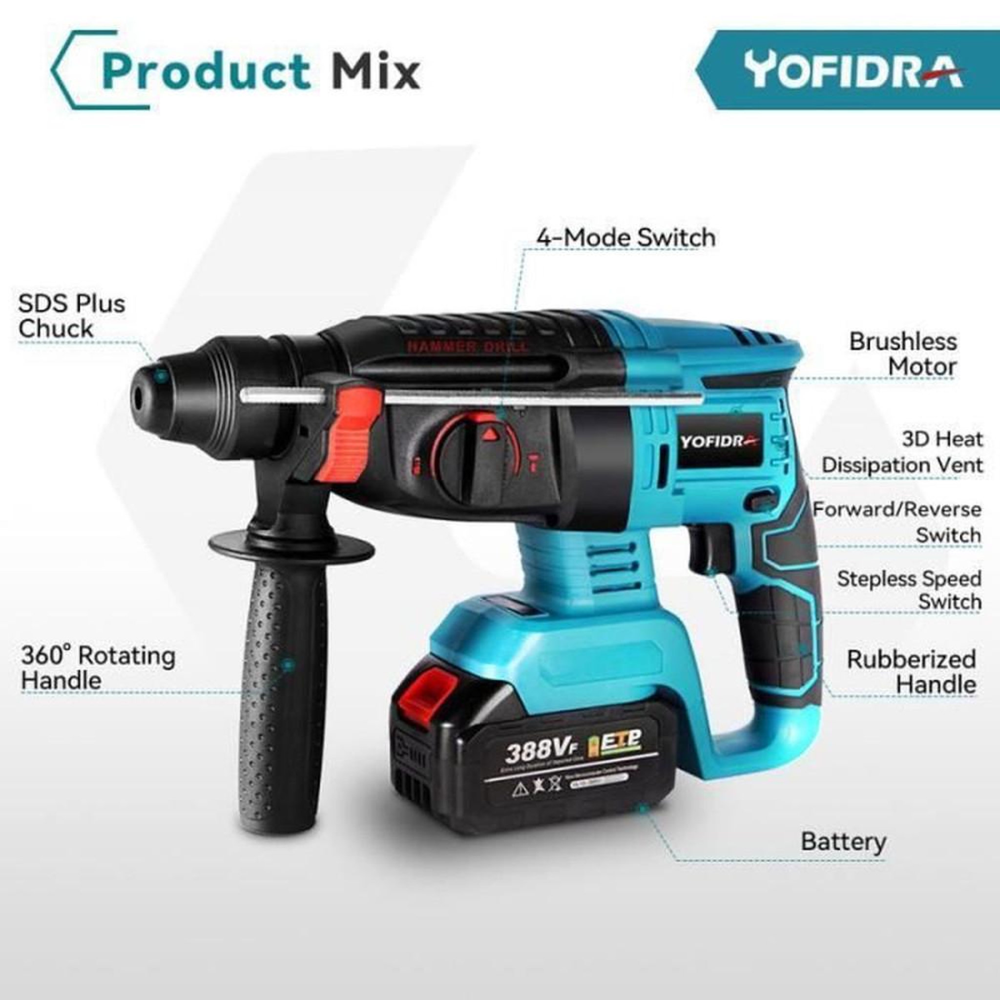 Voir la diapositive 2 : Marteau perforateur sans fil SDS-Plus 18V 650W brushless 4 modes poignée 360° 0-900 tr/min 4700 bpm kit 2x1,5Ah et accessoires