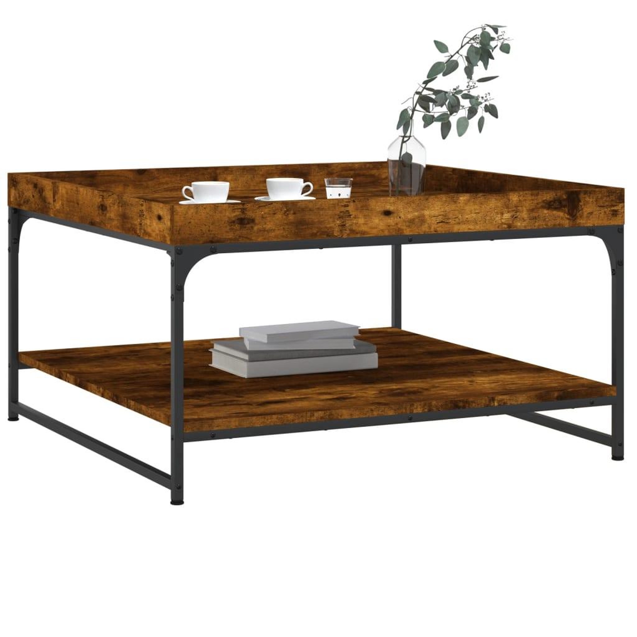 Voir la diapositive 3 : VIDAXL Table basse chene fume 80x80x45 cm bois d'ingenierie et fer