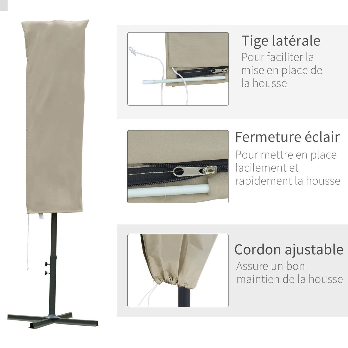 OUTSUNNY Housse de protection imperméable pour parasol droit avec fermeture éclair et cordon de serrage polyester oxford kaki léger