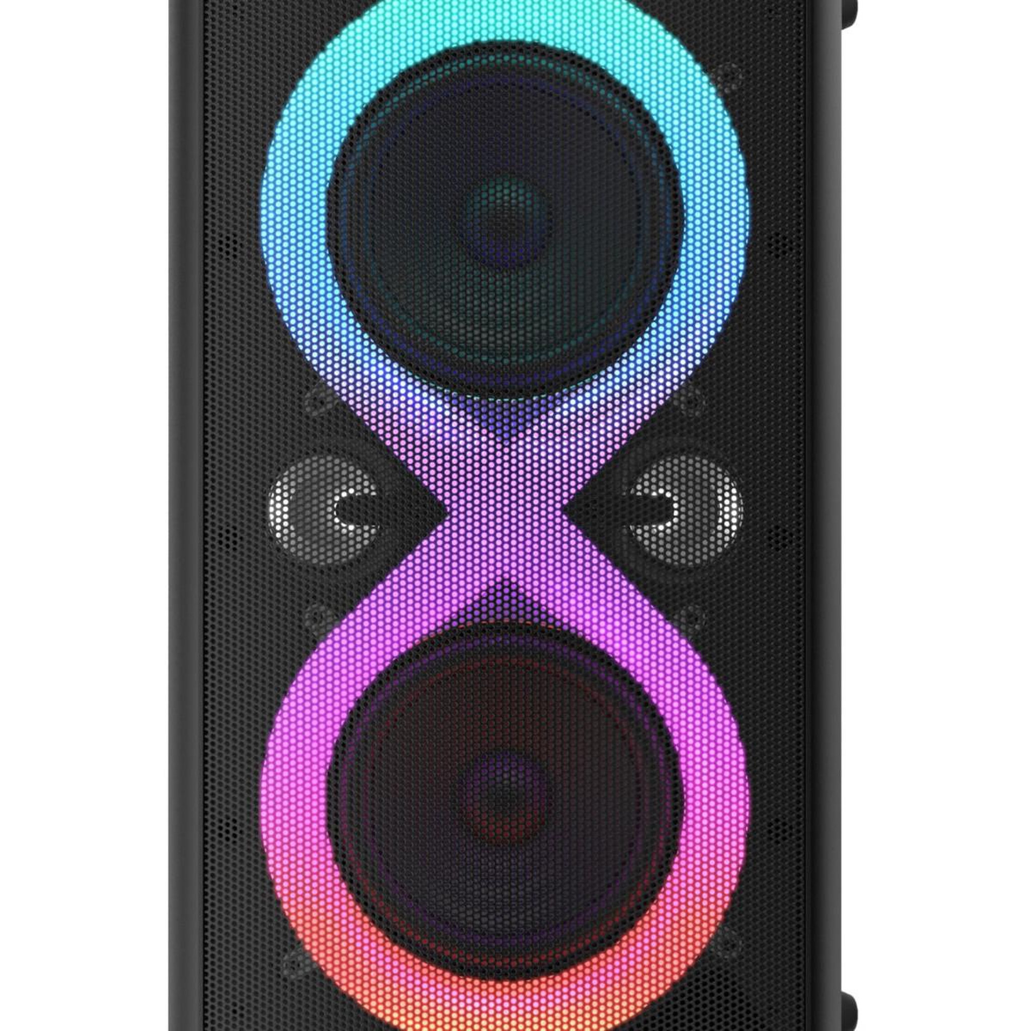 Voir la diapositive 2 : MAJESTIC Majestic fire 90 – enceinte sans fil 5.3 100w rms, lumières led 7 effets, karaoke, usb/microsd/aux/microphone/guitare, batterie 6000mah, ipx4