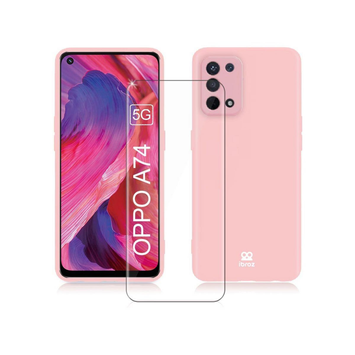 IBROZ Coque Oppo A74 5G Coque rose + Verre trempé