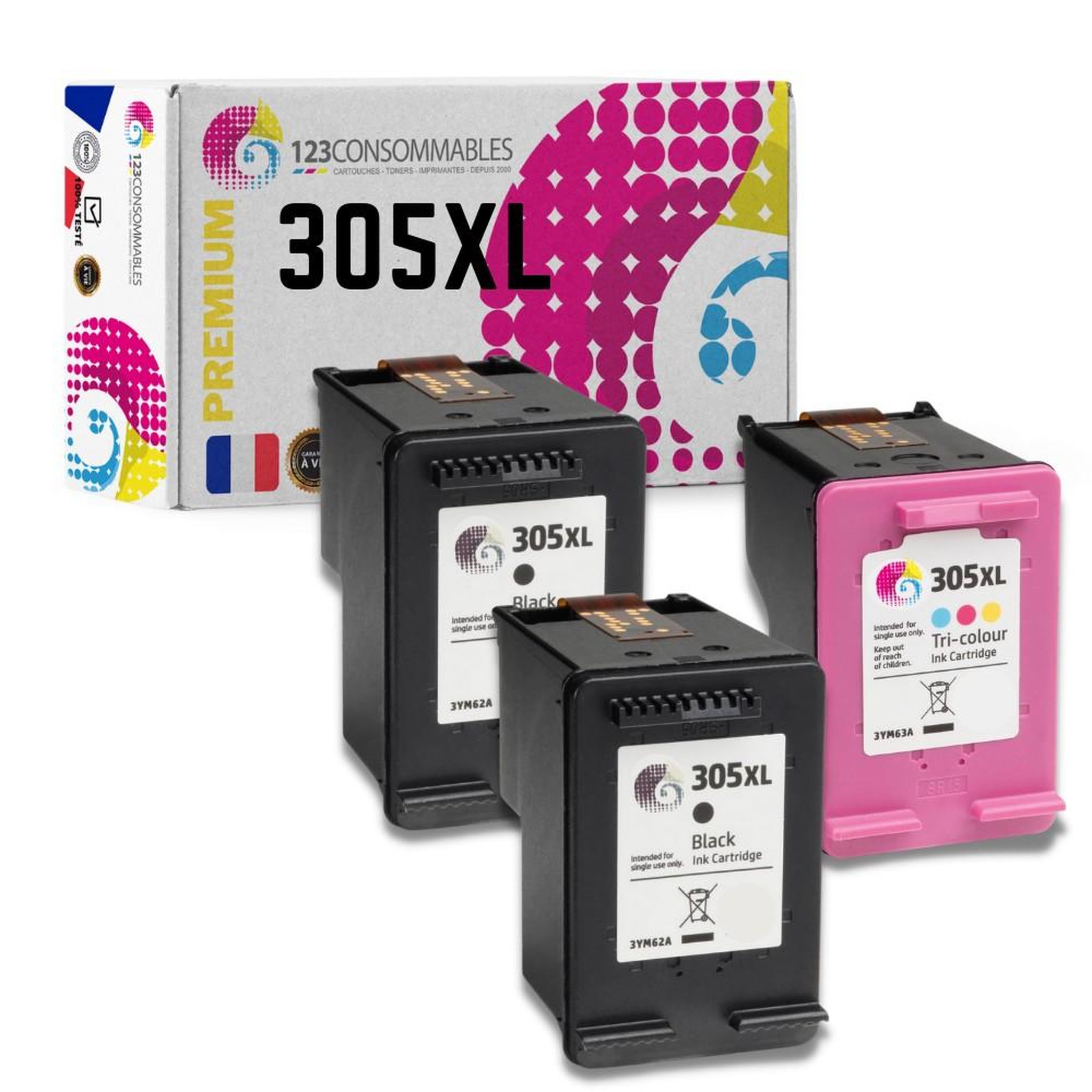 123CONSOMMABLES MaxiPack 3 cartouches compatible avec HP 305XL (2 noirs + 1 couleur)
