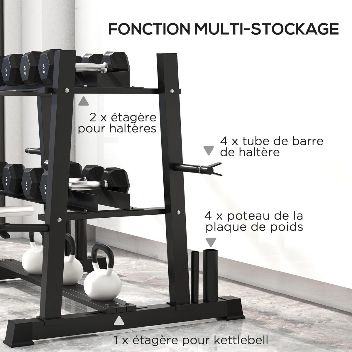 HOMCOM Support pour poids, haltères et barres - rack haltères multifonction - charge max. 200 Kg - acier noir
