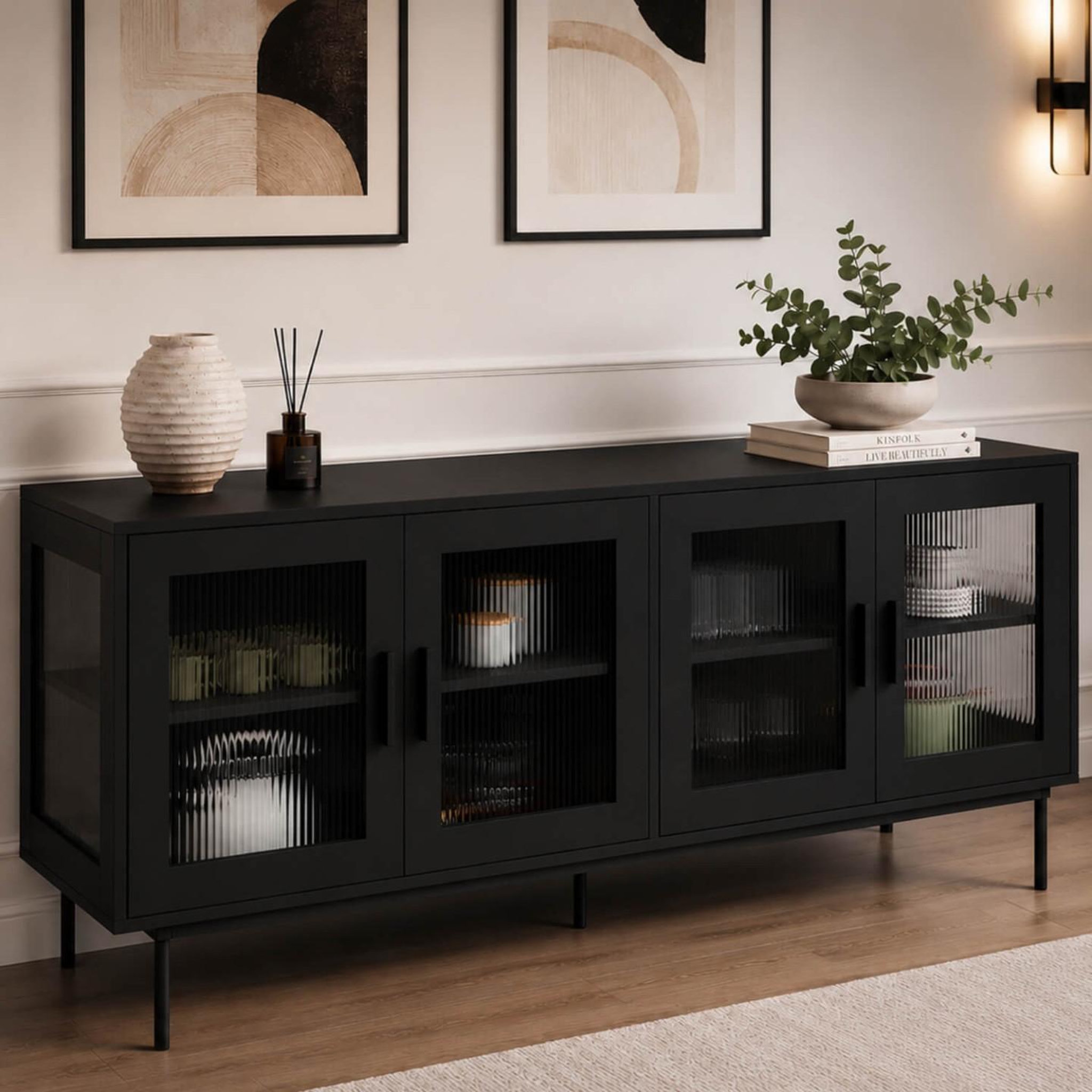Voir la diapositive 2 : ID MARKET Buffet 140 cm zineb 4 portes vitrées façade cannelée noir