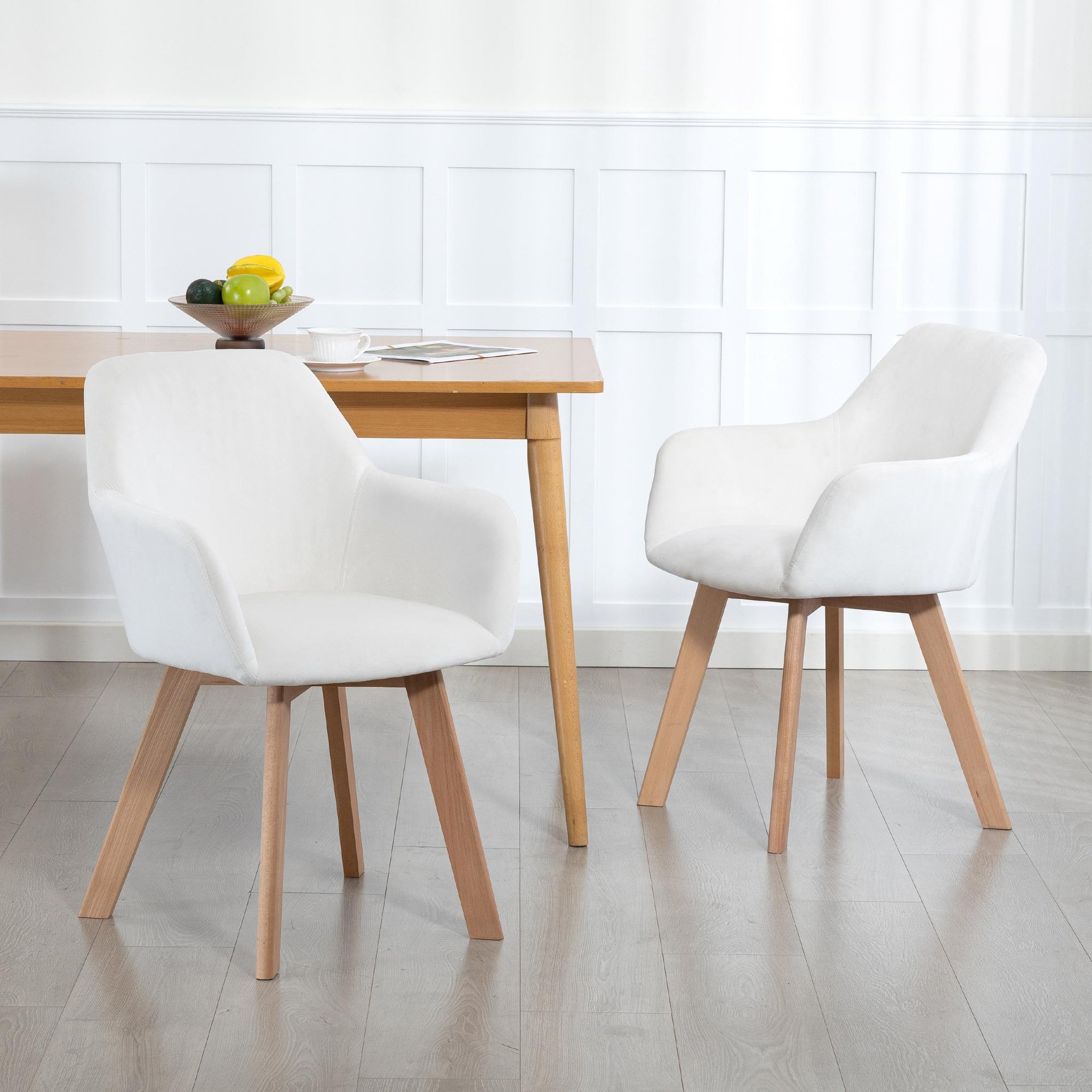 Voir la diapositive 2 : HOMCOM Chaises de visiteur design scandinave - lot de 2 chaises - pieds bois hévéa - assise dossier accoudoirs velours crème